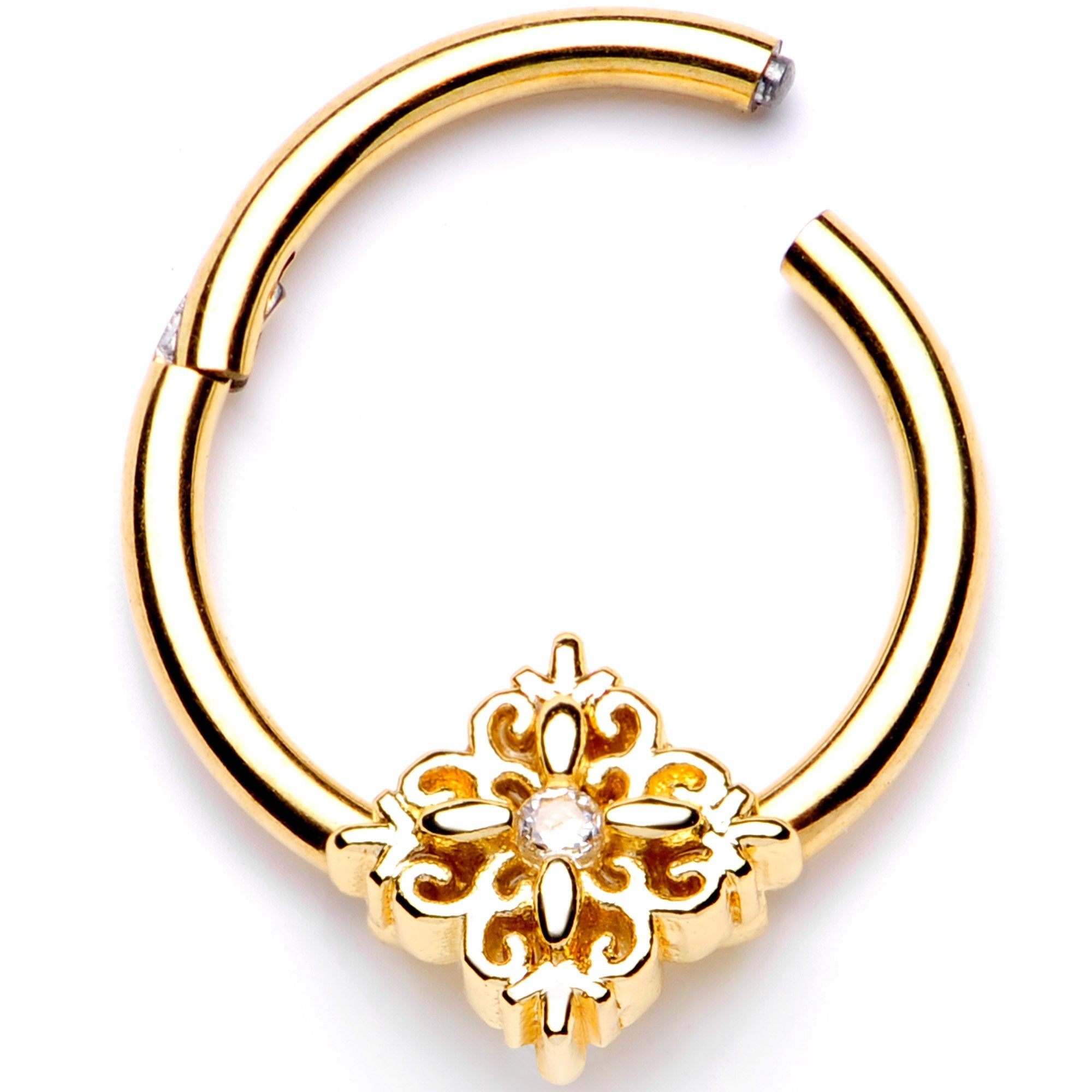 16G 3/8 Clear CZ Gold Tone Regal Rhombus Hinged Segment Ring