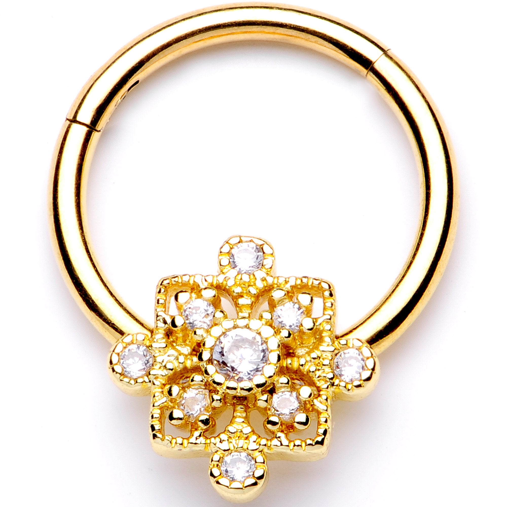 16G 3/8 Clear CZ Gold Tone Royal Square Hinged Segment Ring
