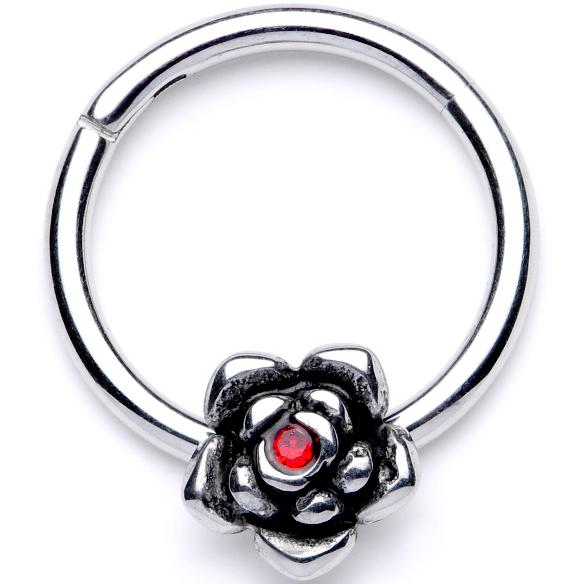 16G 3/8 Red Gem Tiny Flower Hinged Segment Ring