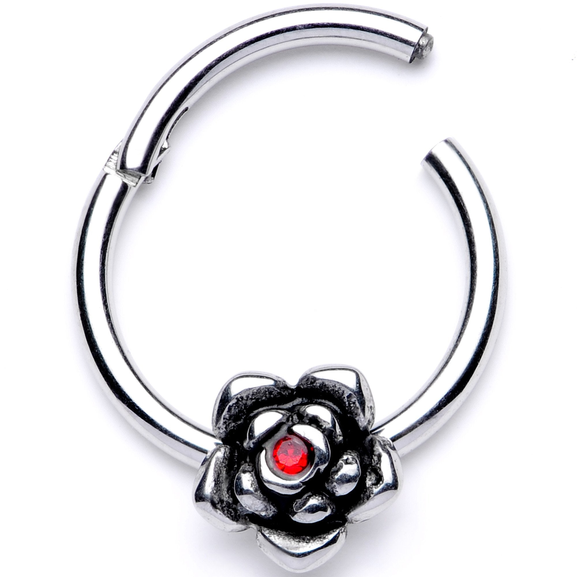 16G 3/8 Red Gem Tiny Flower Hinged Segment Ring