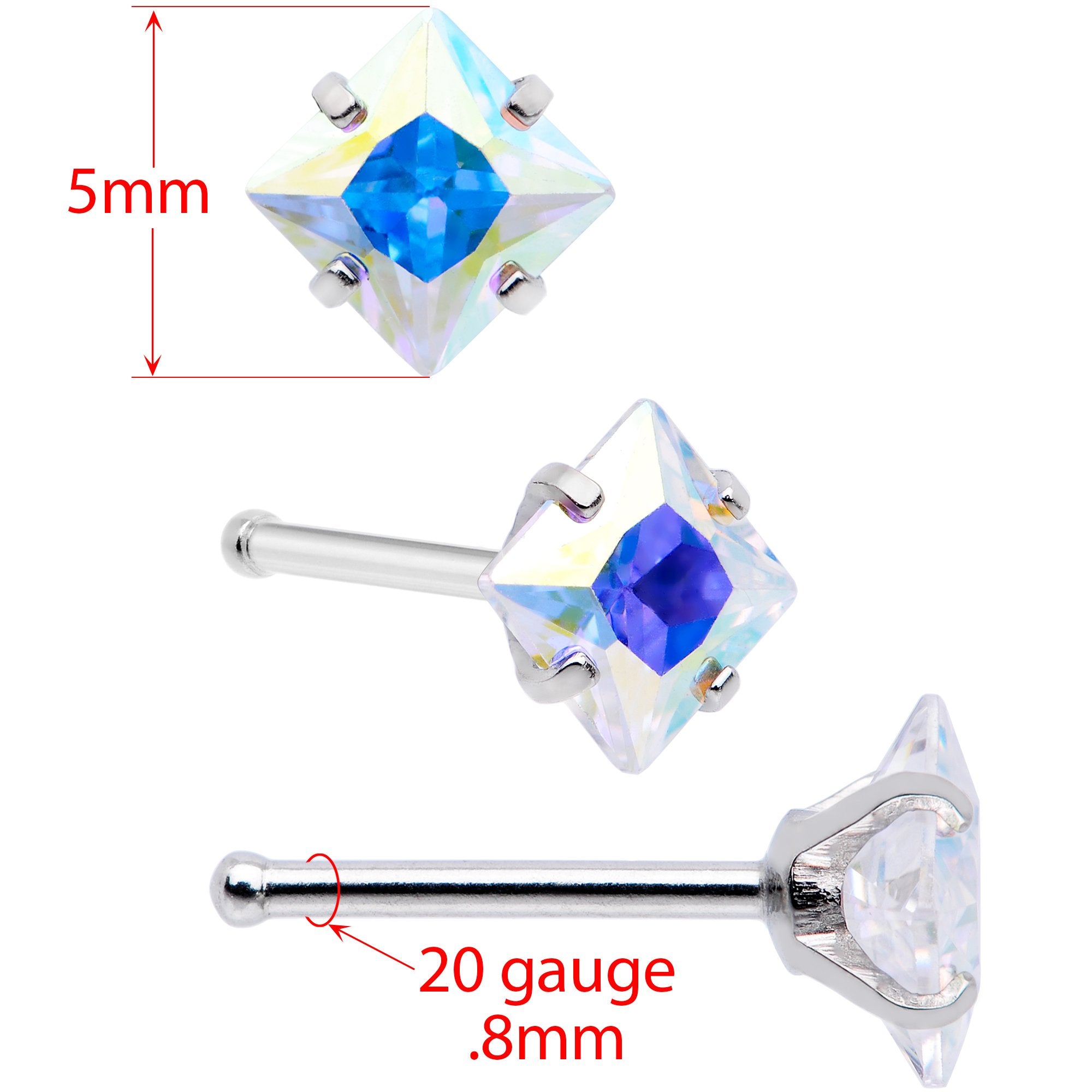 20G 1/4 Aurora Gem Square Multi Size Nose Bone Set of 6