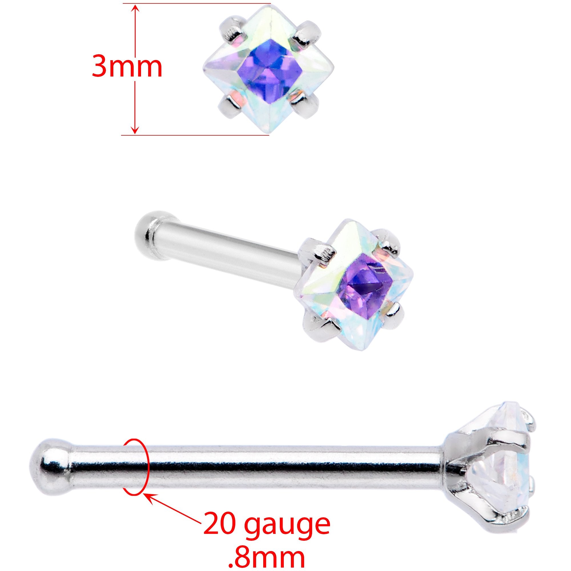 20G 1/4 Aurora Gem Square Multi Size Nose Bone Set of 6