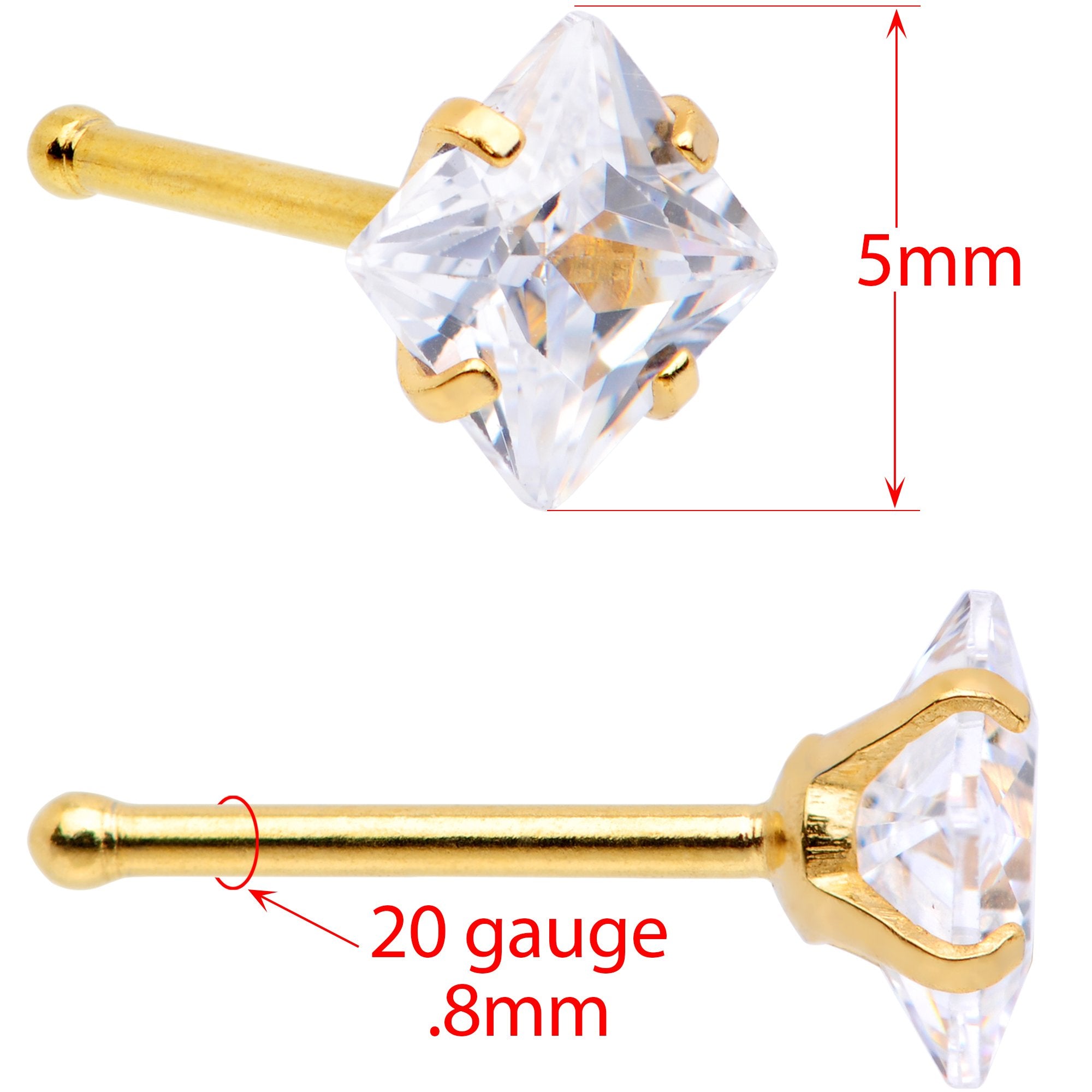 20G 1/4 Clear Square Gem Gold Tone Nose Bone Set of 6