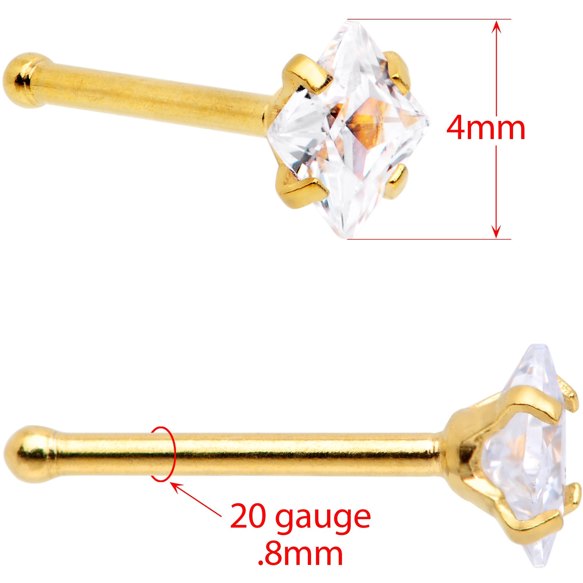 20G 1/4 Clear Square Gem Gold Tone Nose Bone Set of 6