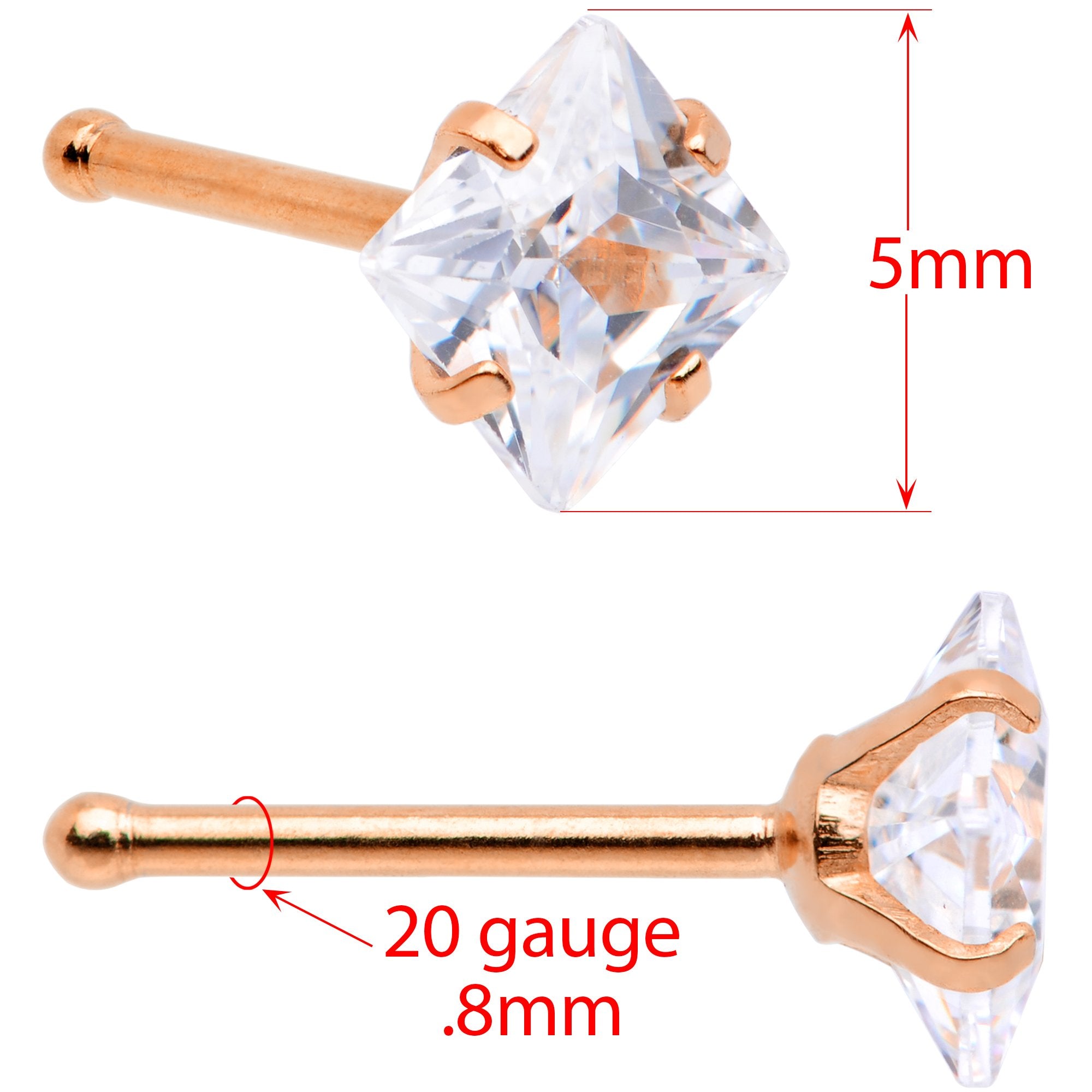 20G 1/4 Clear Square Gem Rose Gold Tone Nose Bone Set of 6