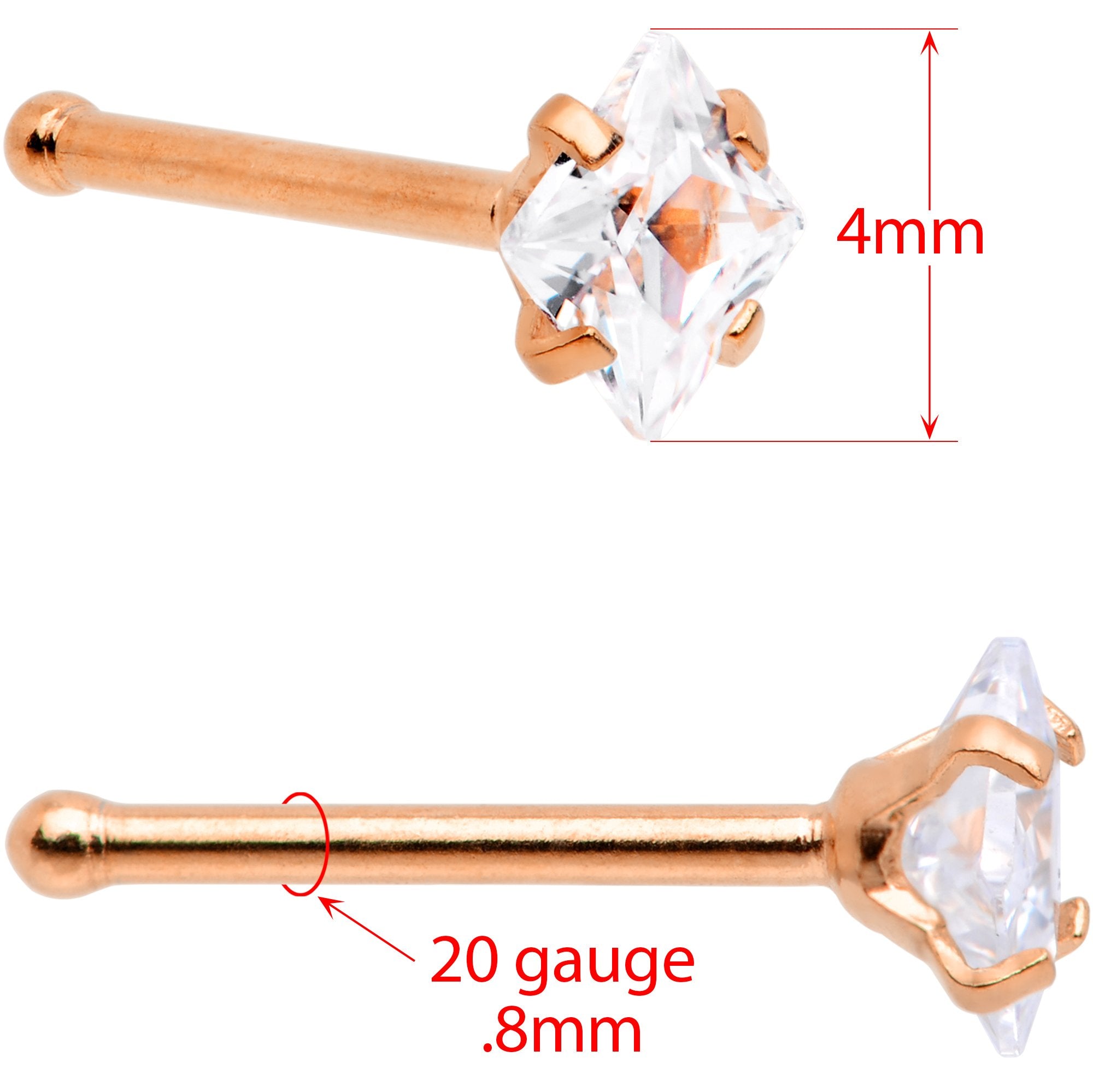 20G 1/4 Clear Square Gem Rose Gold Tone Nose Bone Set of 6