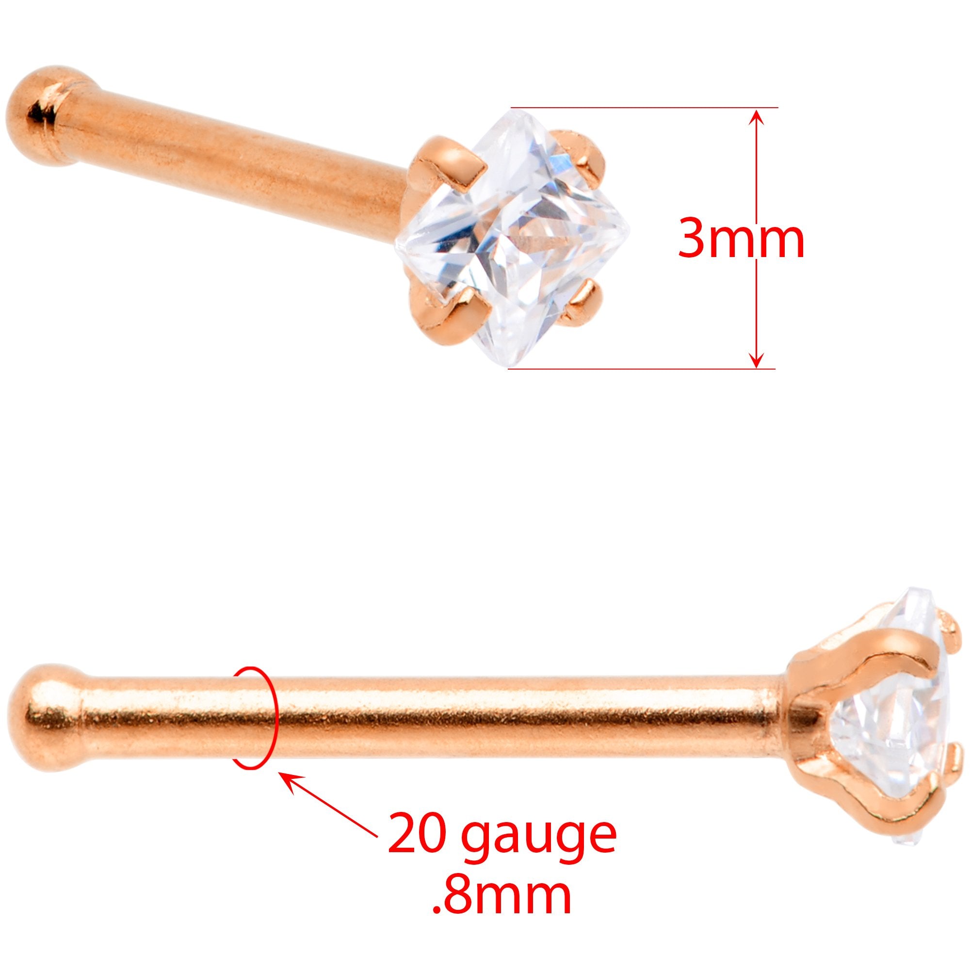 20G 1/4 Clear Square Gem Rose Gold Tone Nose Bone Set of 6