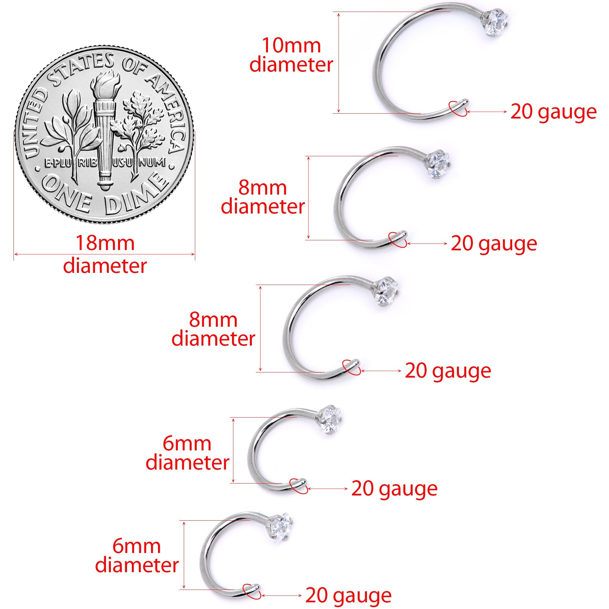 20G Clear Gem Rhombus Multiple Size Nose Hoop Set of 5