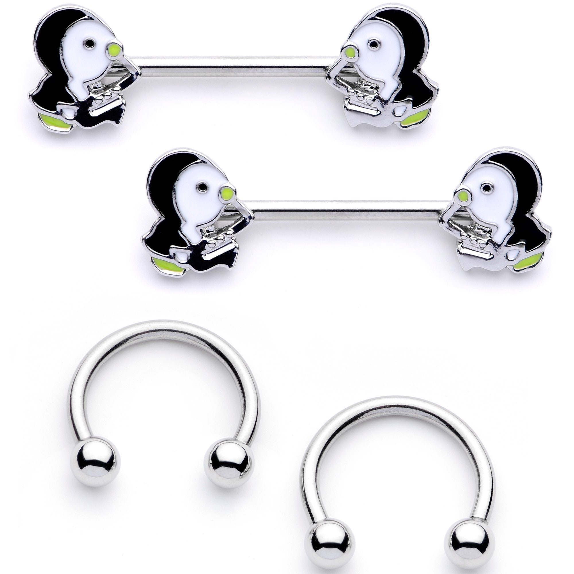 14G 9/16 1/2 Winter Penguins Horseshoe Barbell Nipple Ring Set