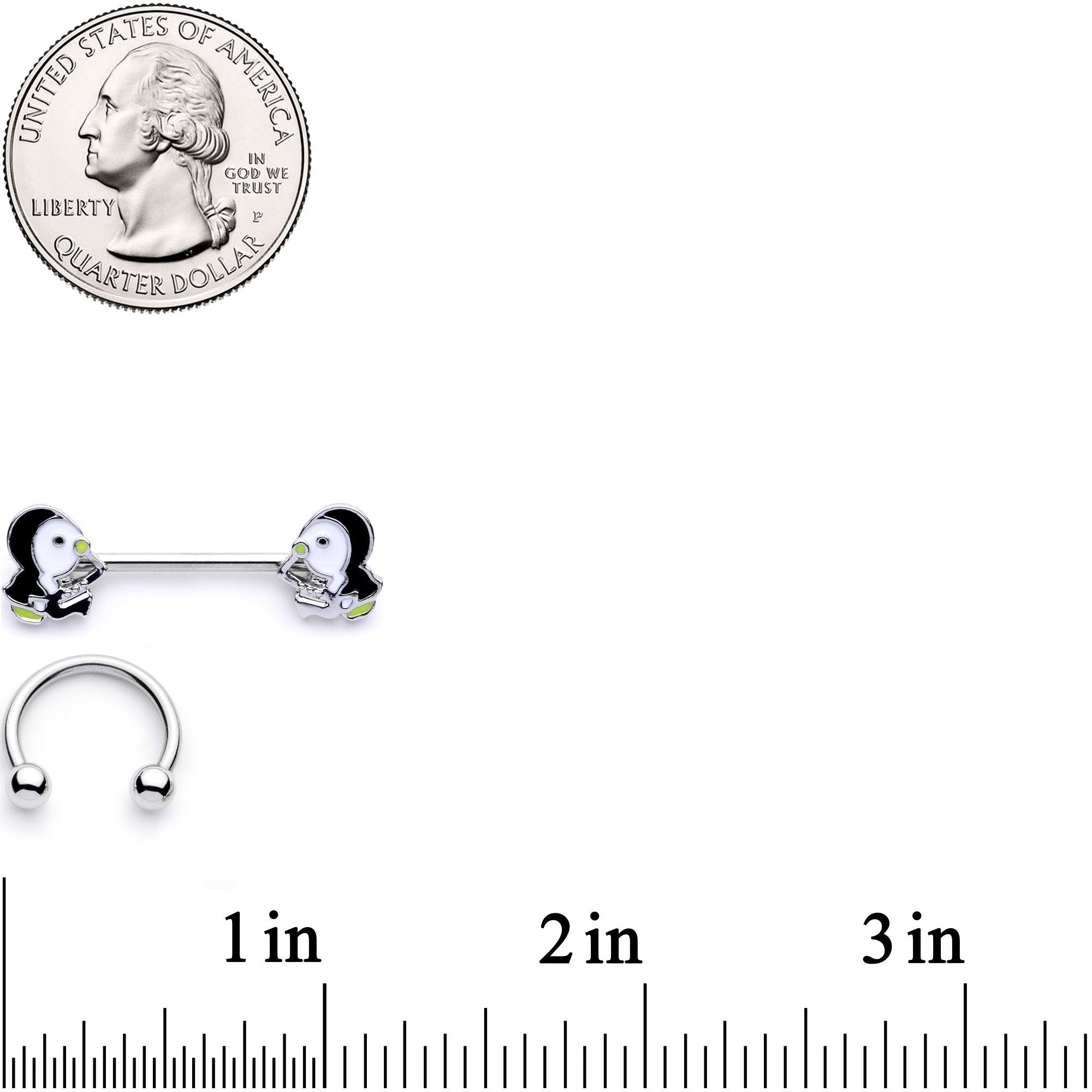 14G 9/16 1/2 Winter Penguins Horseshoe Barbell Nipple Ring Set