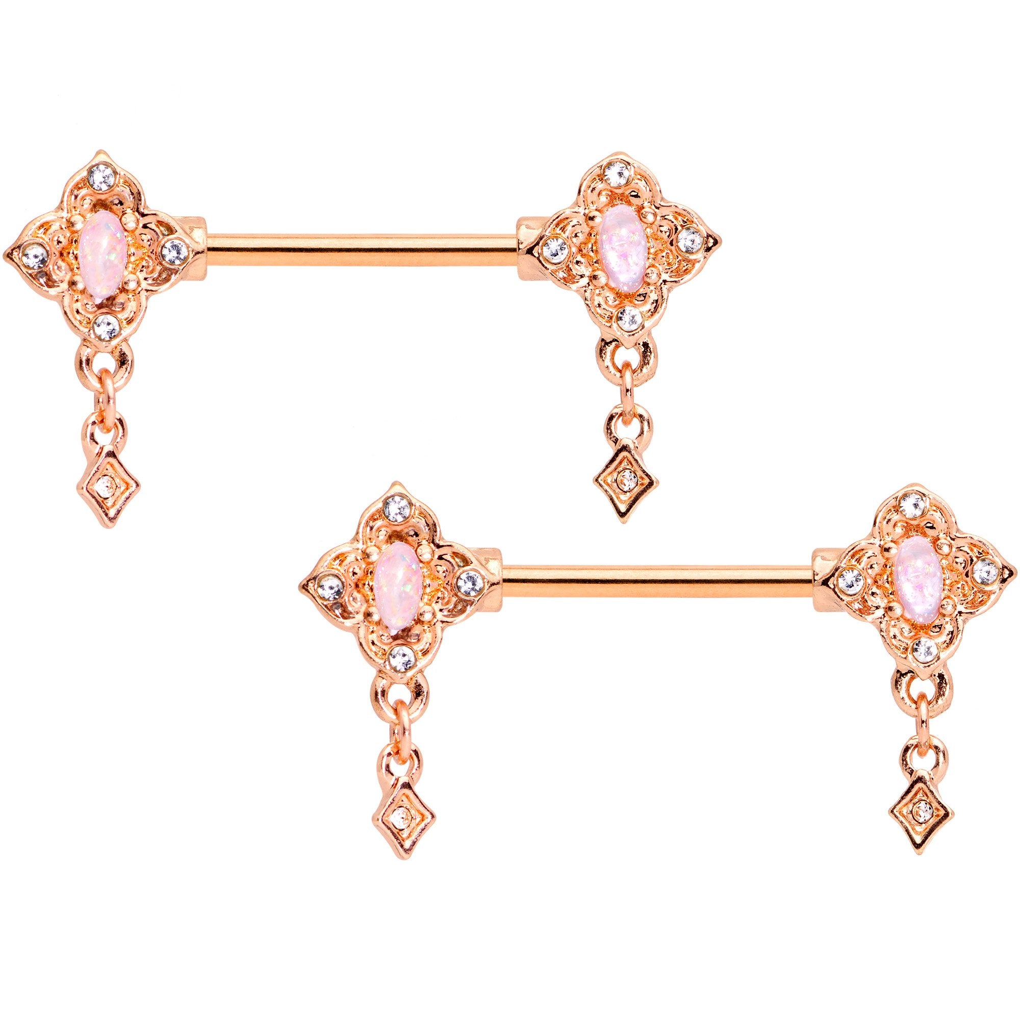 14G Faux Opal Rose Gold Tone Art Deco Barbell Nipple Ring Set