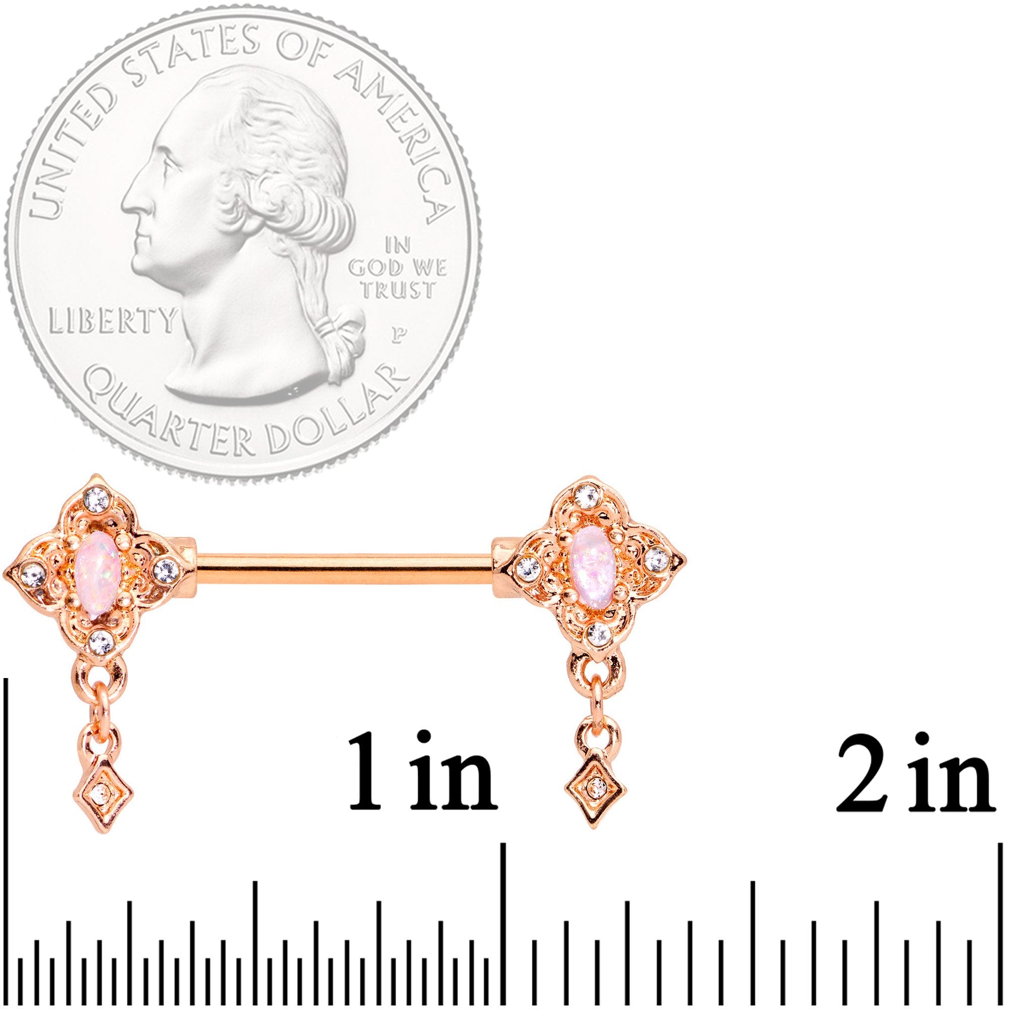 14G Faux Opal Rose Gold Tone Art Deco Barbell Nipple Ring Set