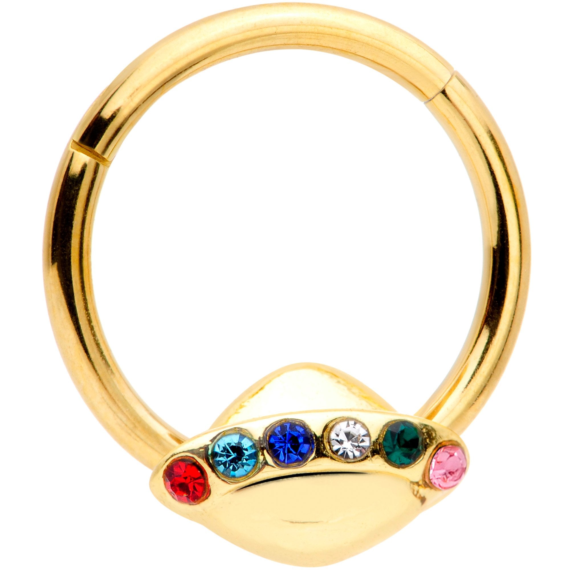 16G 3/8 Multicolor Gem Gold Tone UFO Hinged Segment Ring