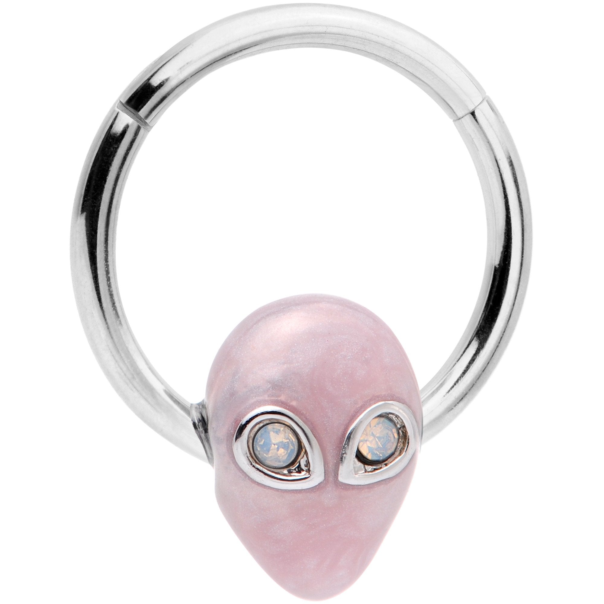 16G 3/8 White Faux Opal Pink Invader Alien Hinged Segment Ring