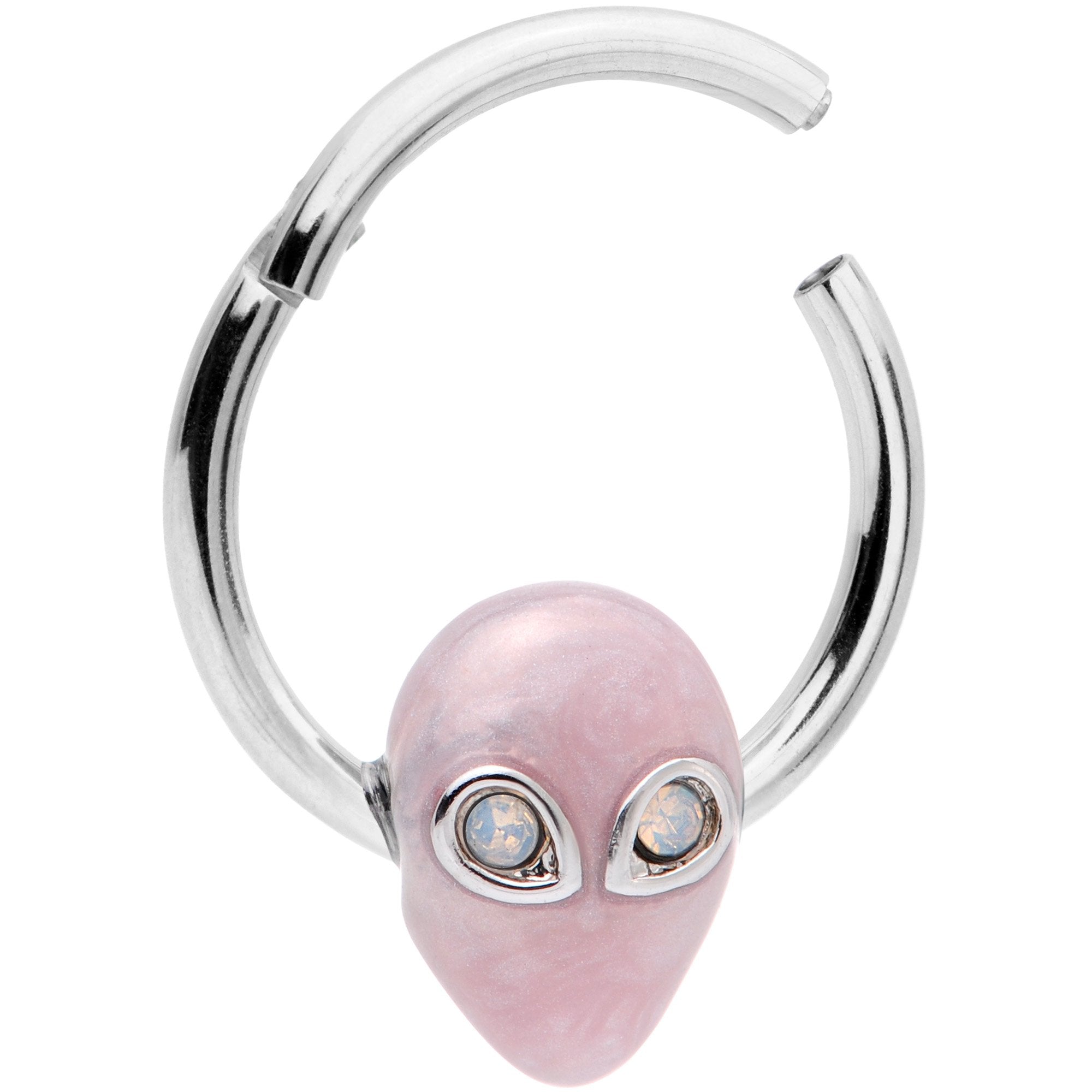 16G 3/8 White Faux Opal Pink Invader Alien Hinged Segment Ring