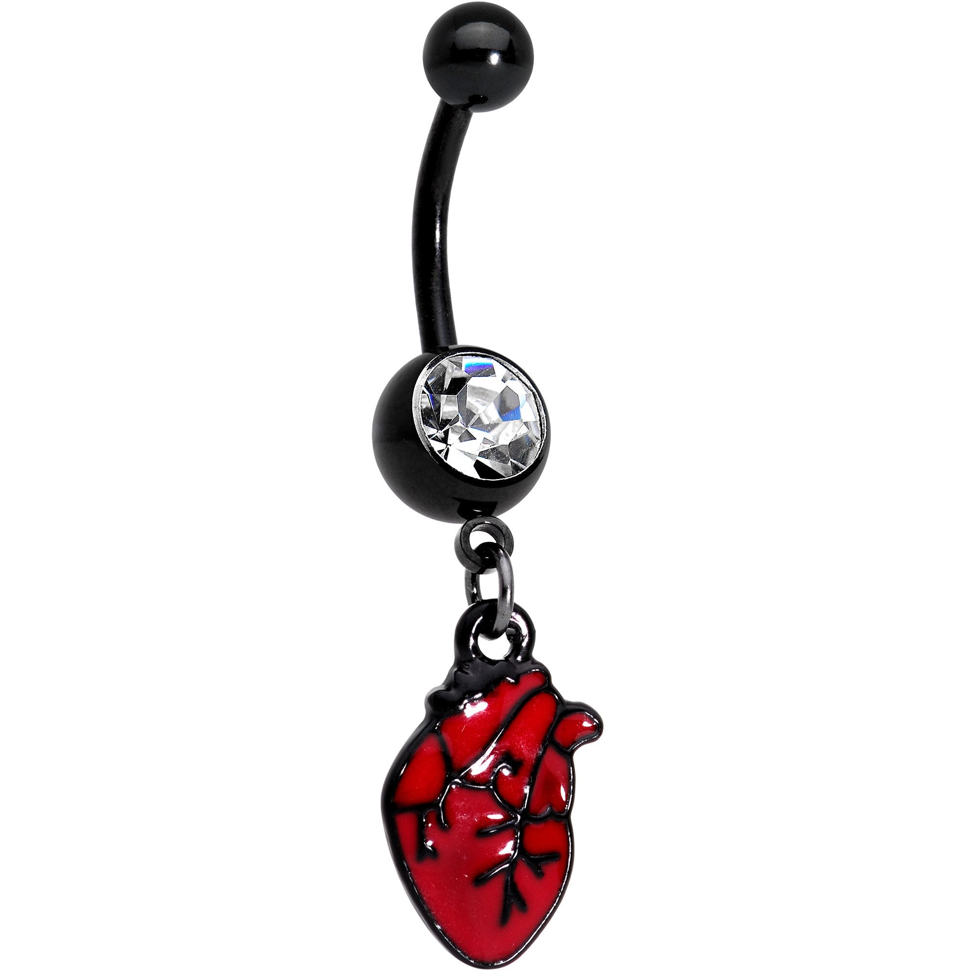 Clear Gem Black Twisted Red Anatomical Heart Belly Ring Set of 2