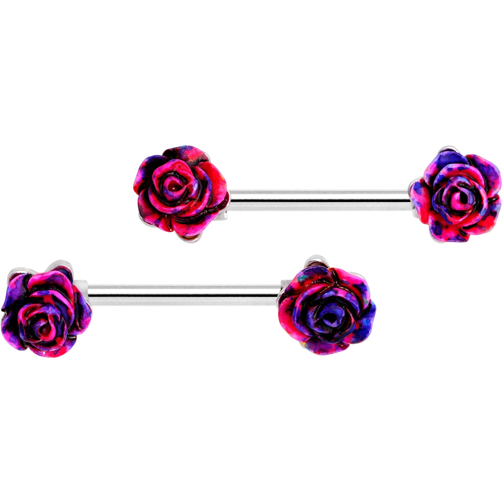 14G 5/8 9/16 Clear Gem Multi Color Roses Barbell Nipple Ring Set