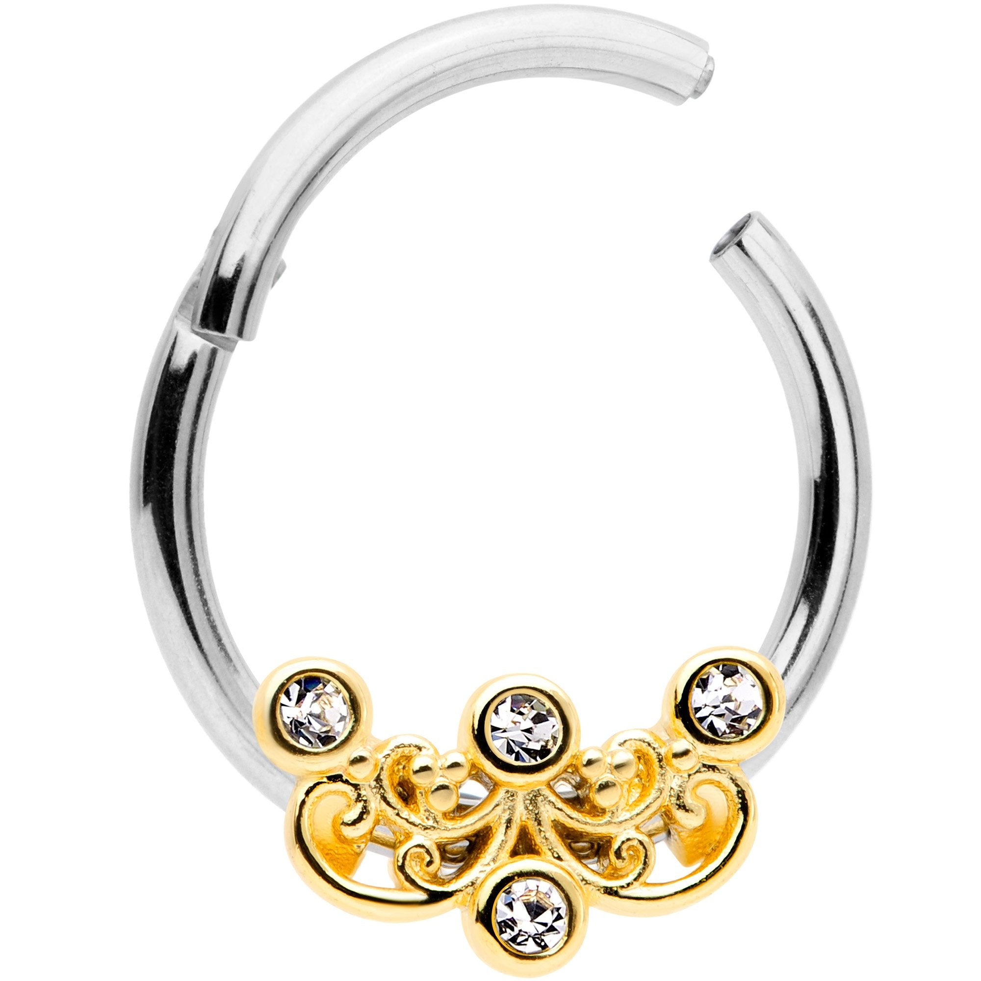 16G 3/8 Clear CZ Gem Abstract Scrolls Hinged Septum Segment Ring