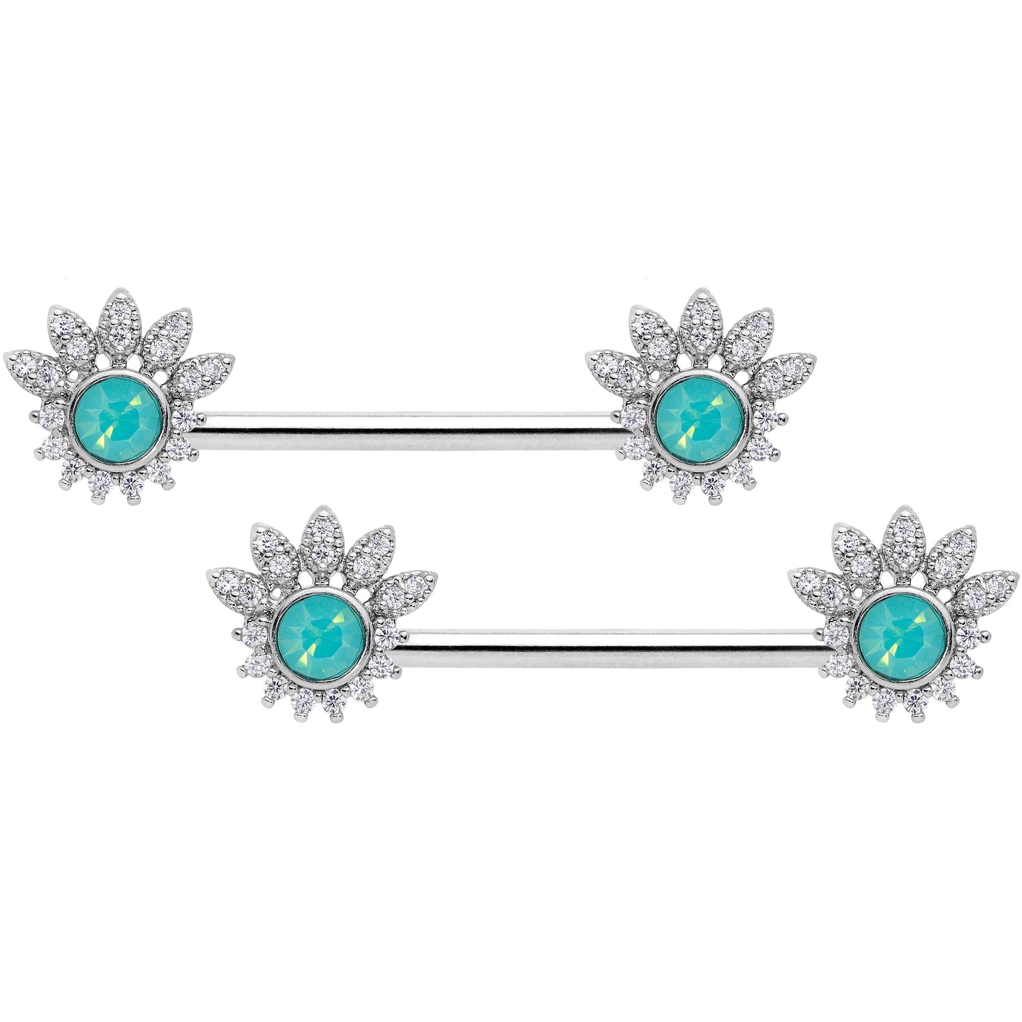 14G Clear CZ Gem Green Faux Opal Crest Barbell Nipple Ring Set