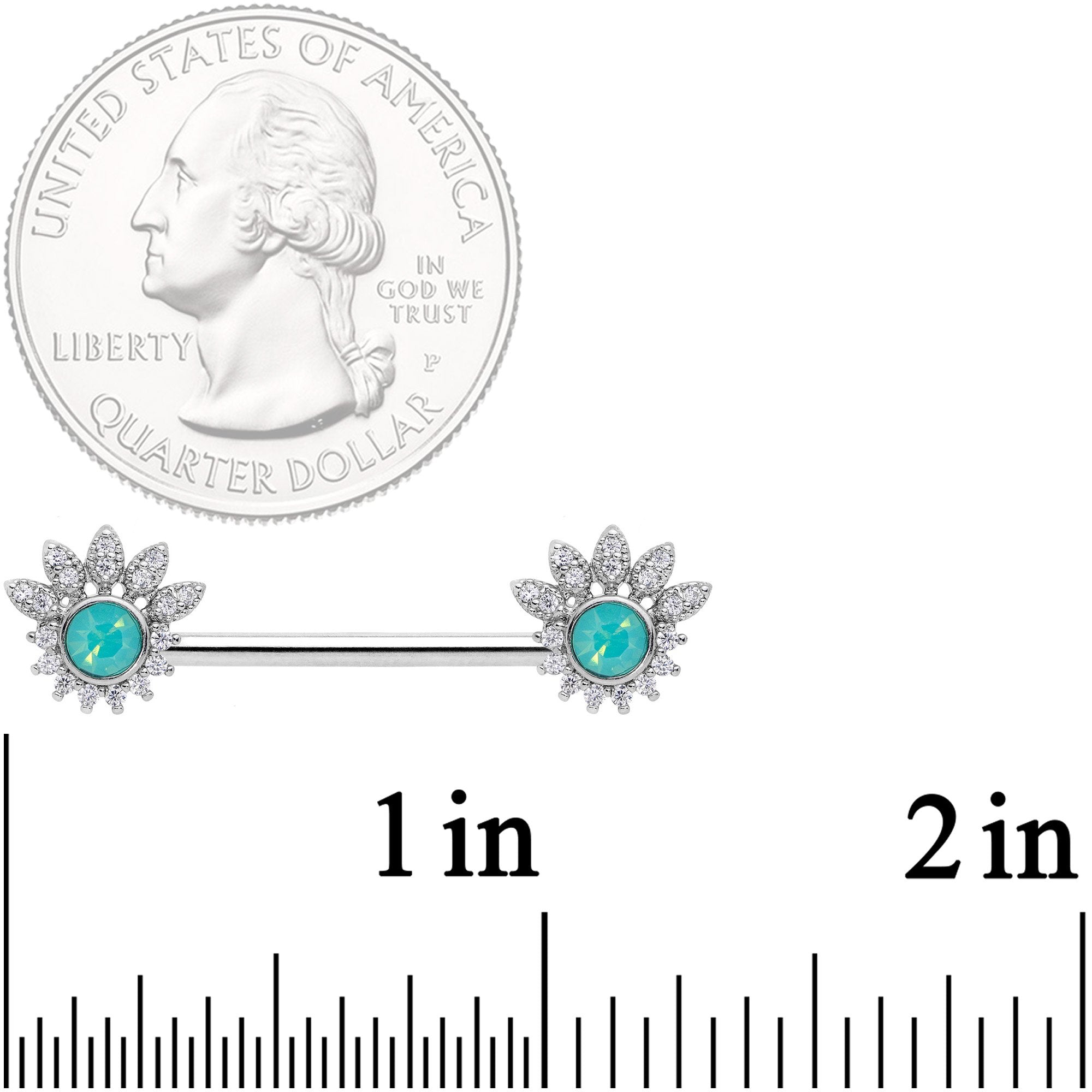 14G Clear CZ Gem Green Faux Opal Crest Barbell Nipple Ring Set