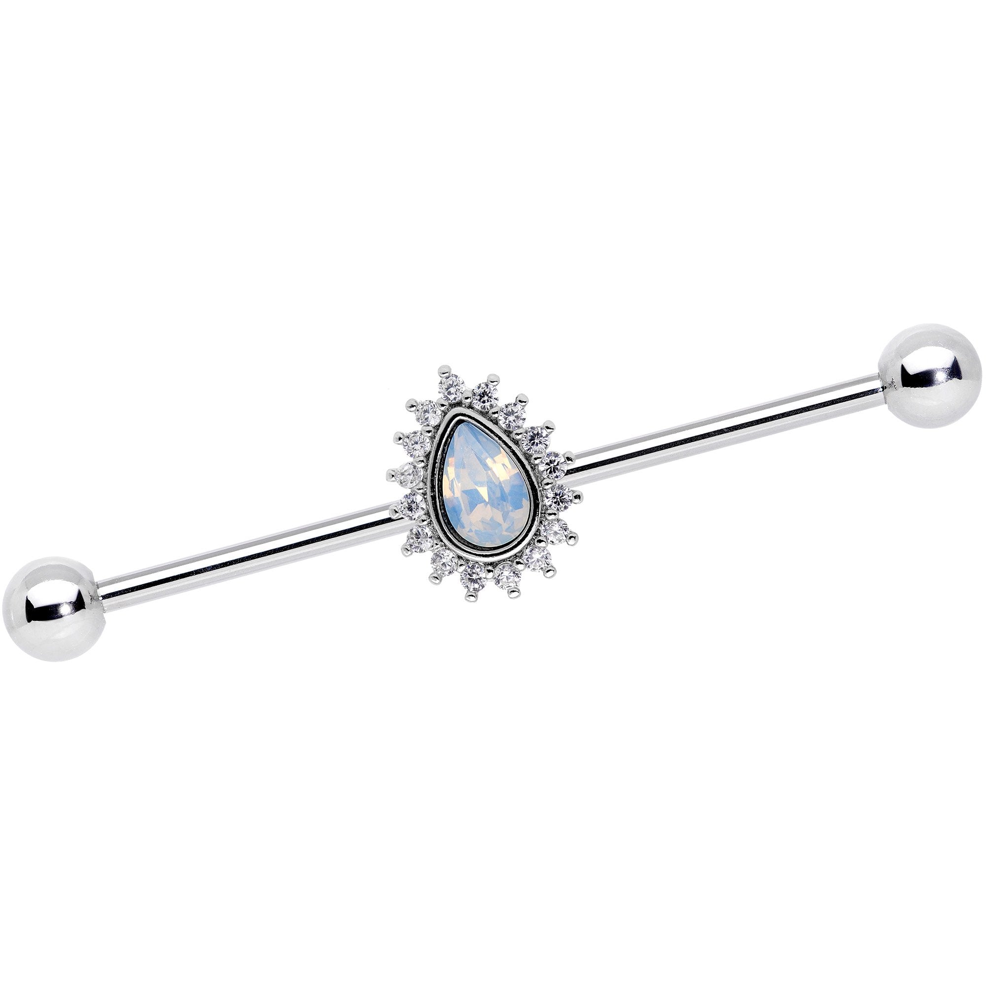 14G Clear CZ White Faux Opal Drop Industrial Barbell 38mm