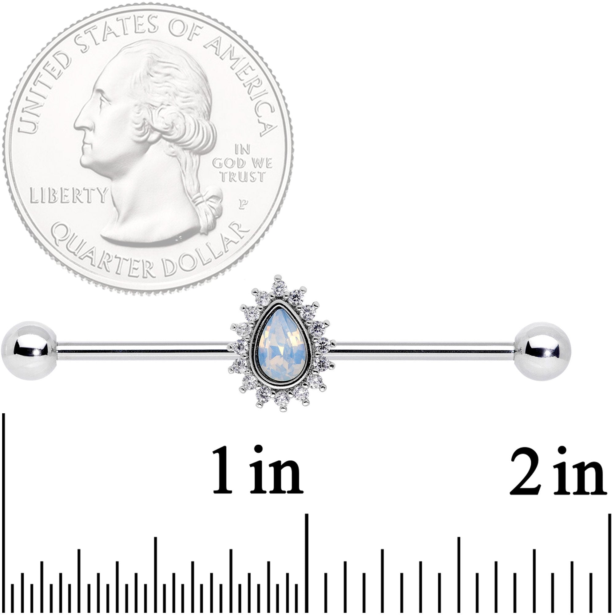 14G Clear CZ White Faux Opal Drop Industrial Barbell 38mm