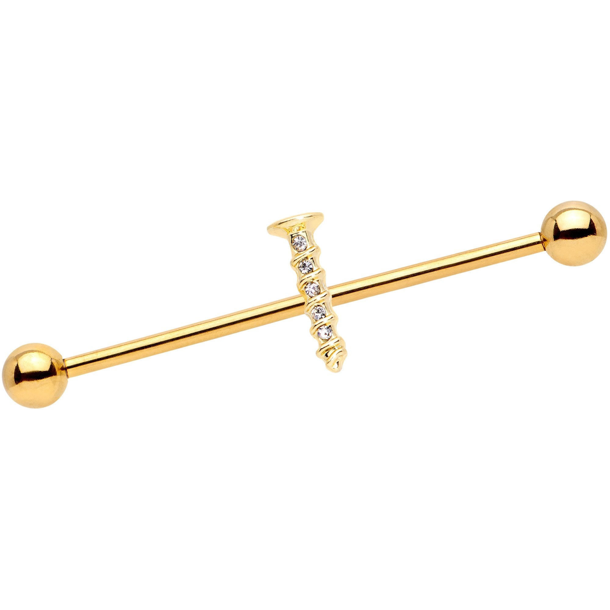 14G Clear Gem Gold Tone Screw Industrial Barbell 38mm