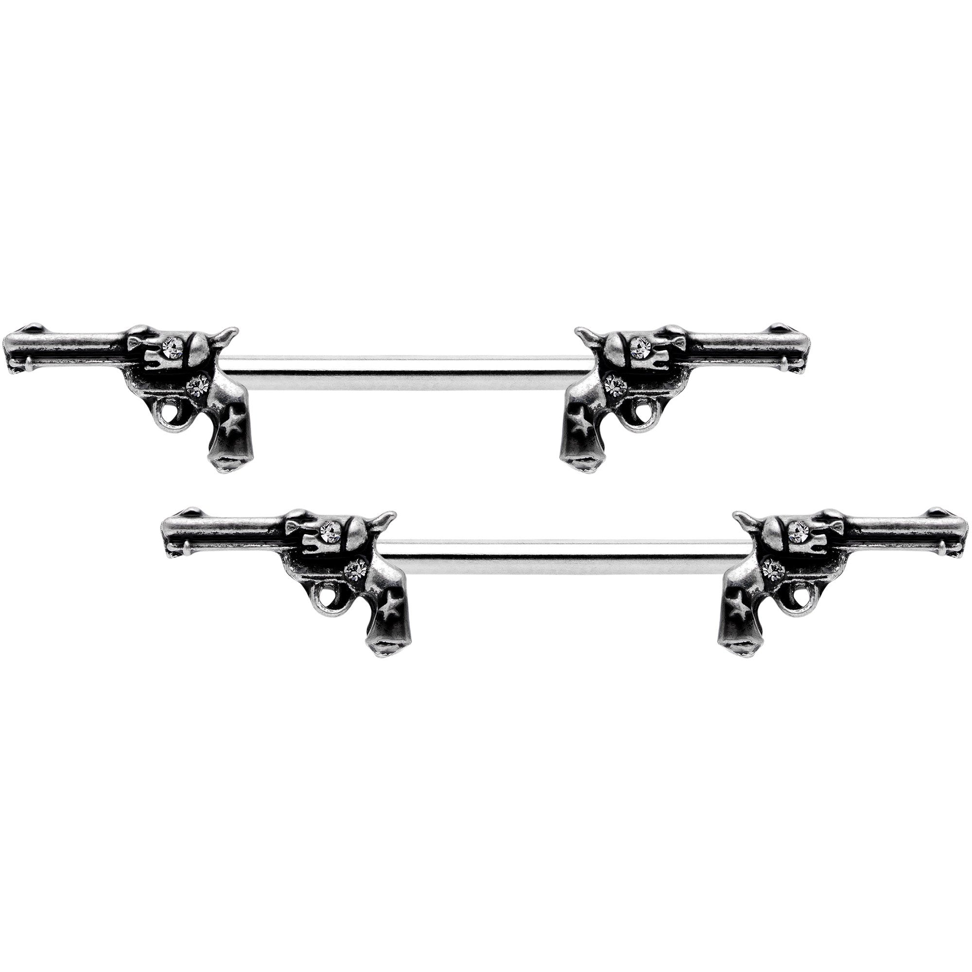14G 9/16 Clear Gem Western Revolver Gun Barbell Nipple Ring Set