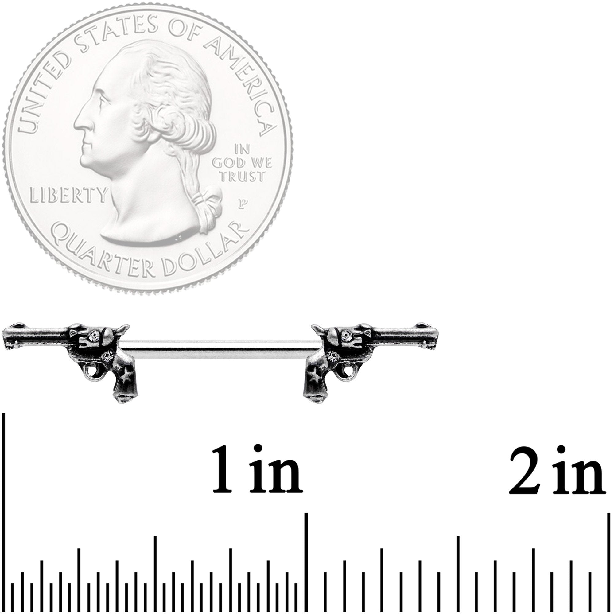 14G 9/16 Clear Gem Western Revolver Gun Barbell Nipple Ring Set