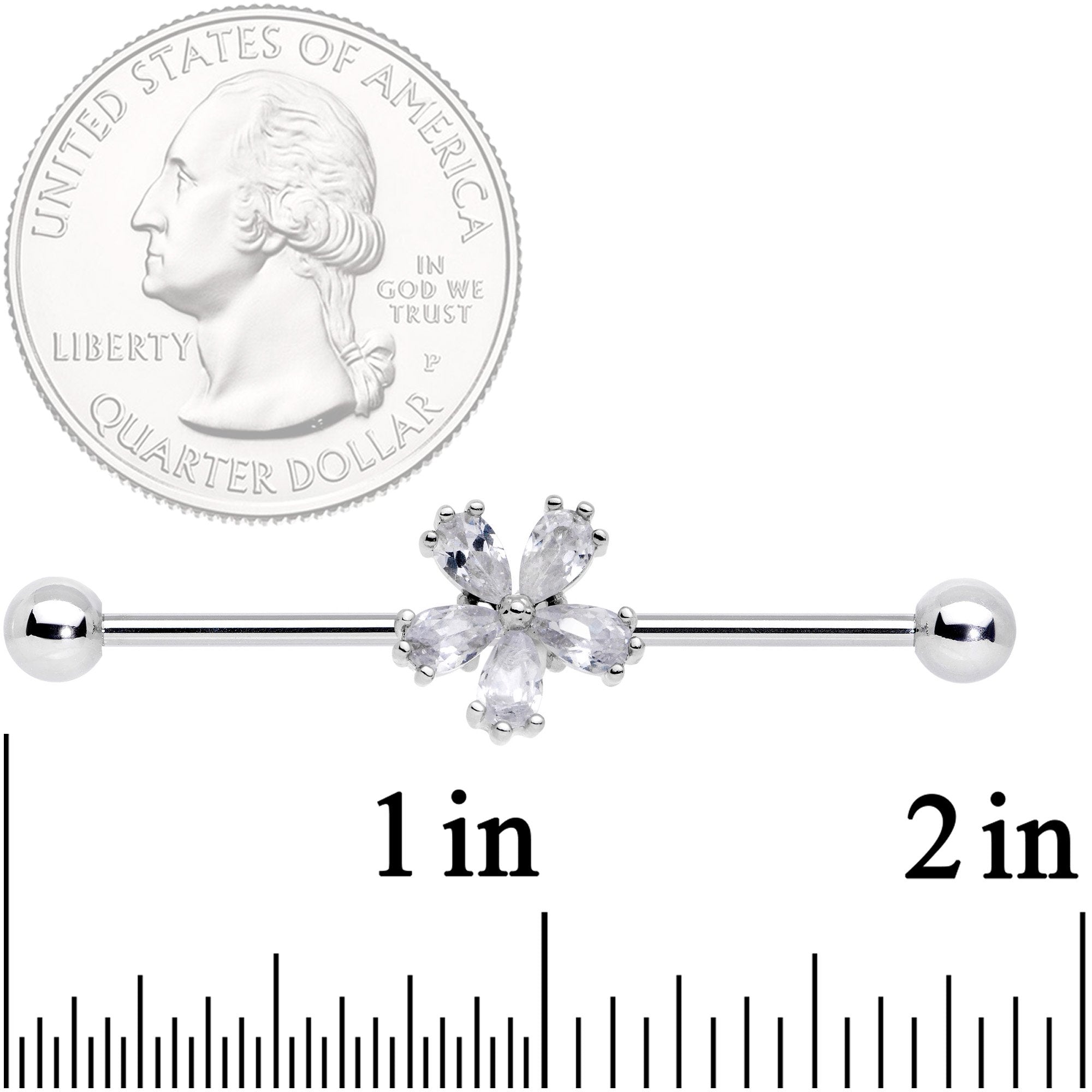 14G Clear CZ Gem Perfect Petals Flower Industrial Barbell 38mm