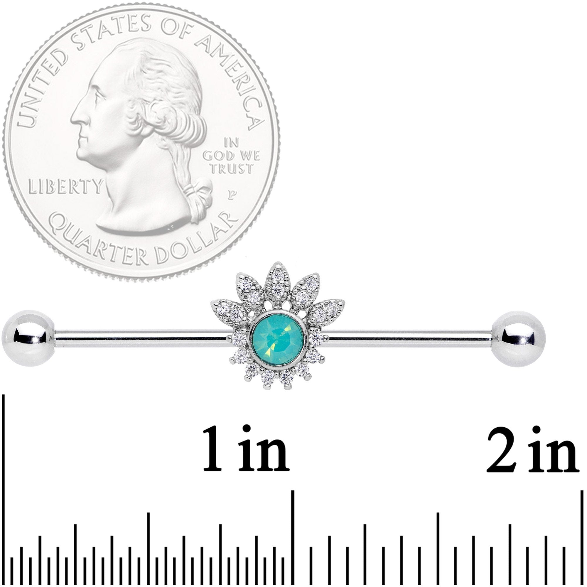 14G Clear CZ Gem Green Faux Opal Diadem Industrial Barbell 38mm