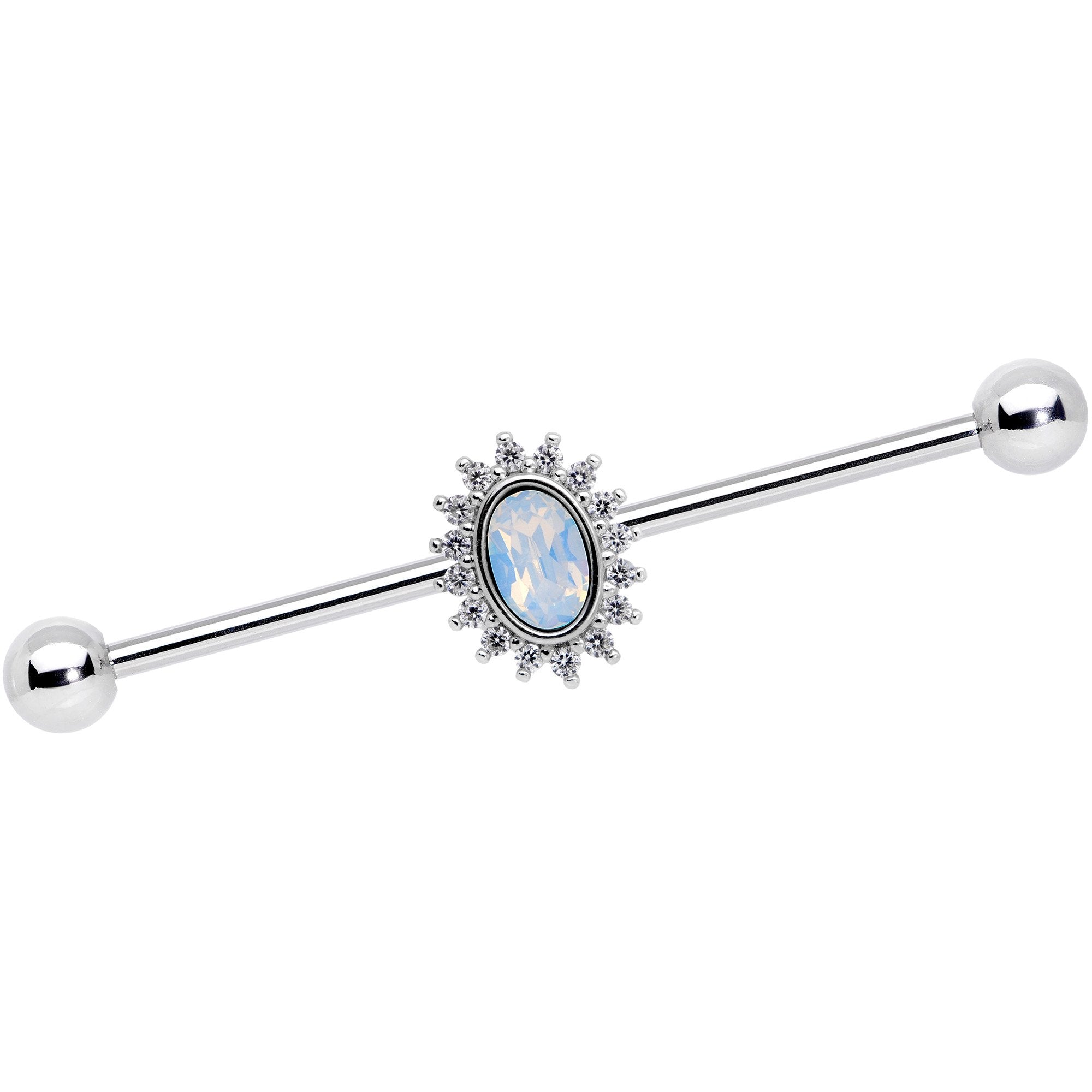 14G Clear CZ Gem White Faux Opal Framed Industrial Barbell 38mm