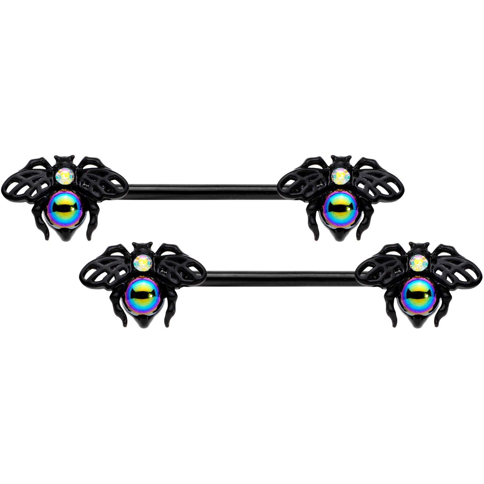 14G 9/16 Aurora Gem Black Bumblebee Barbell Nipple Ring Set