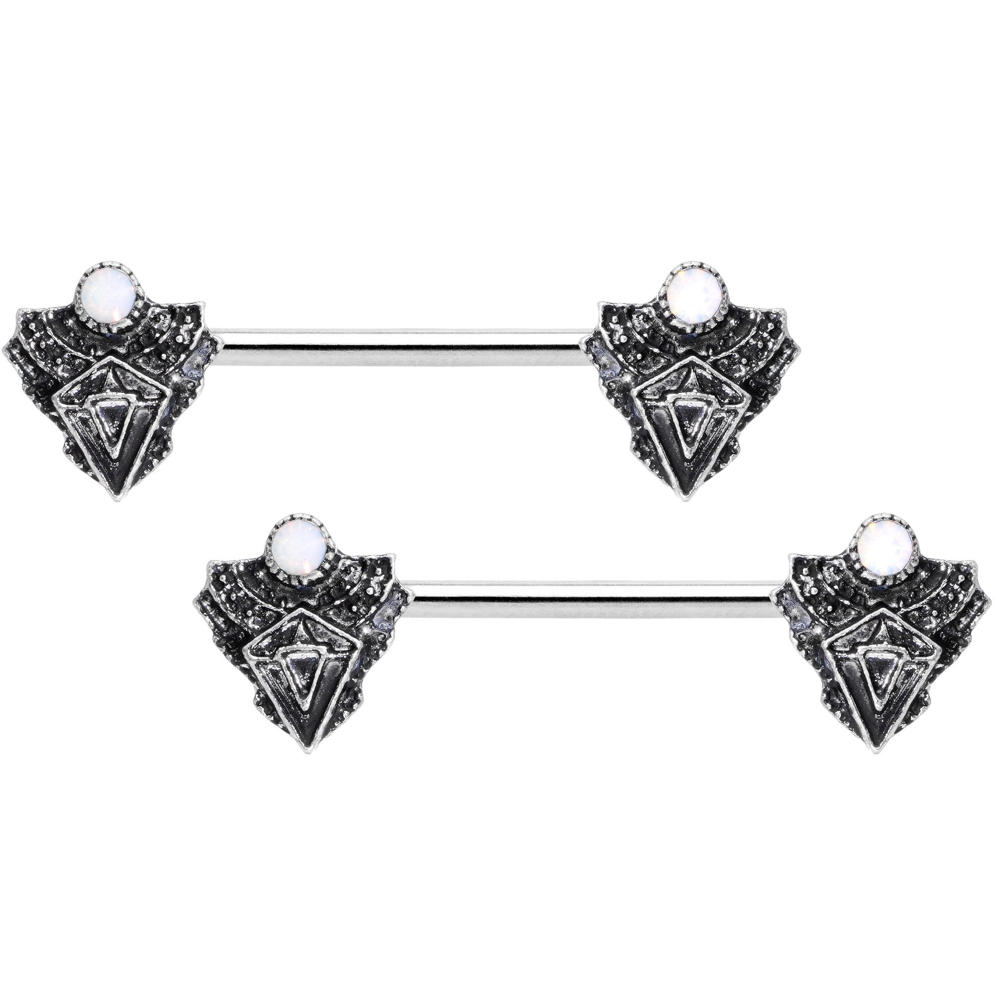 14G 9/16 White Faux Opal Retro Triangle Barbell Nipple Ring Set