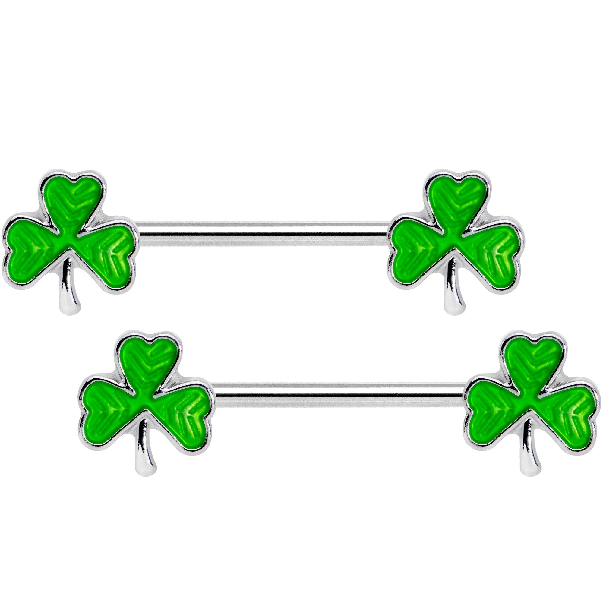 14G 5/8 St Patricks Day Green Shamrock Barbell Nipple Ring Set