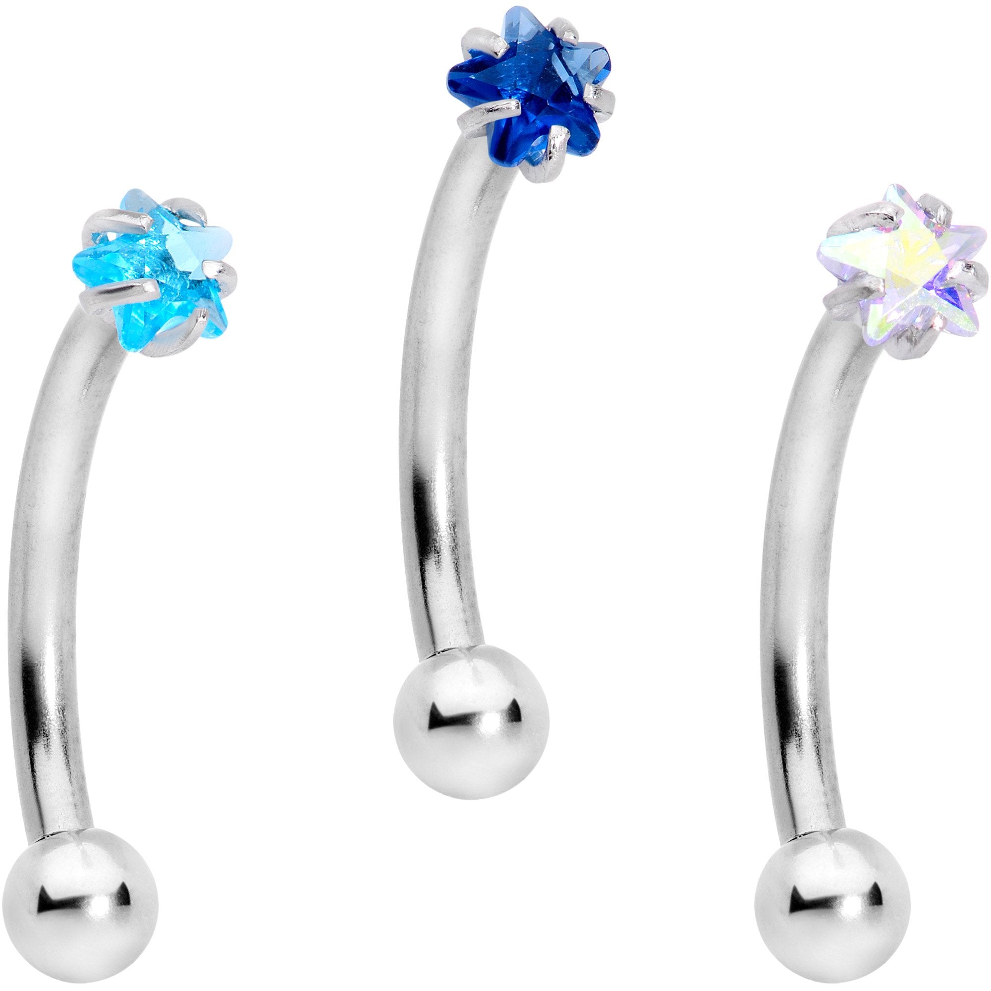 16G 3/8 Blues Clear CZ Star Gem Curved Eyebrow Ring Set of 3
