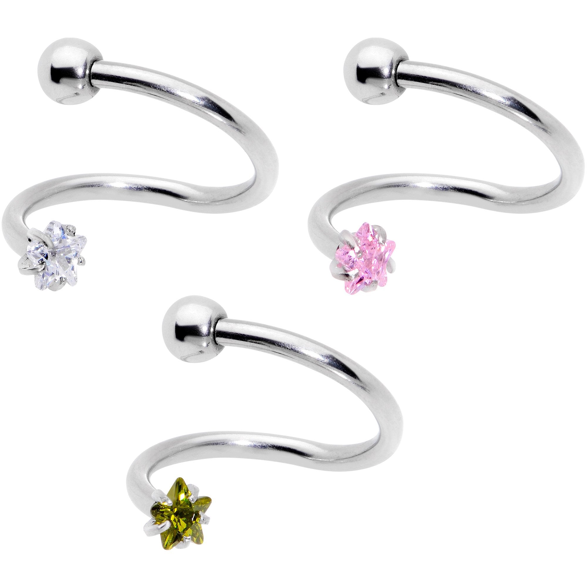 16G 3/8 Color CZ Gem Star Spiral Twister Eyebrow Ring Set
