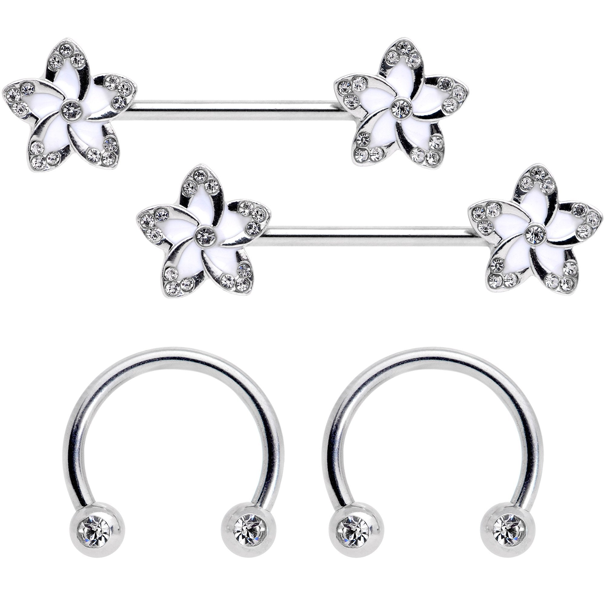 14G Clear Gem White Flower Horseshoe Barbell Nipple Ring Set of 4