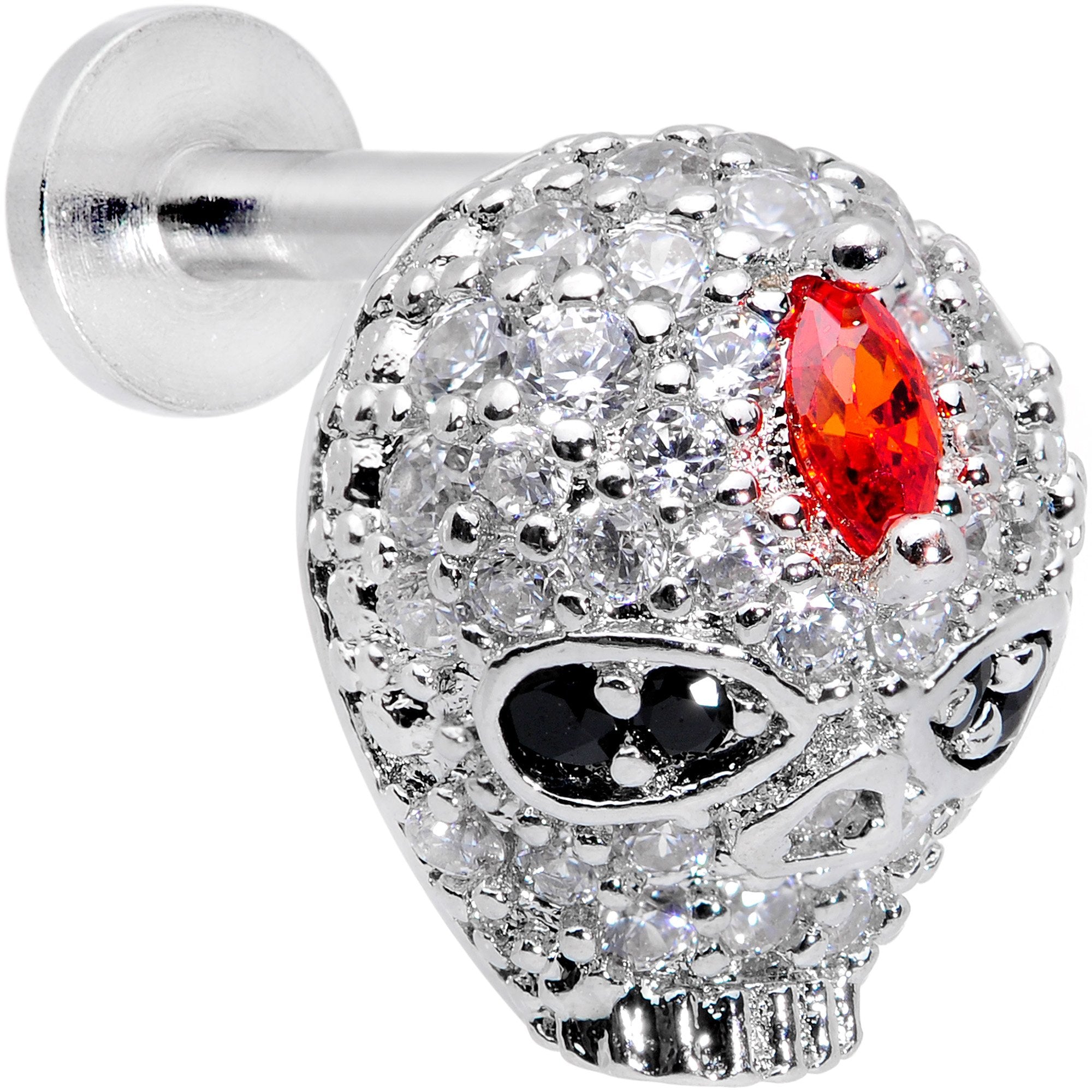 16G 1/4 Clear Red CZ Gem Punk Skull Labret Monroe Tragus