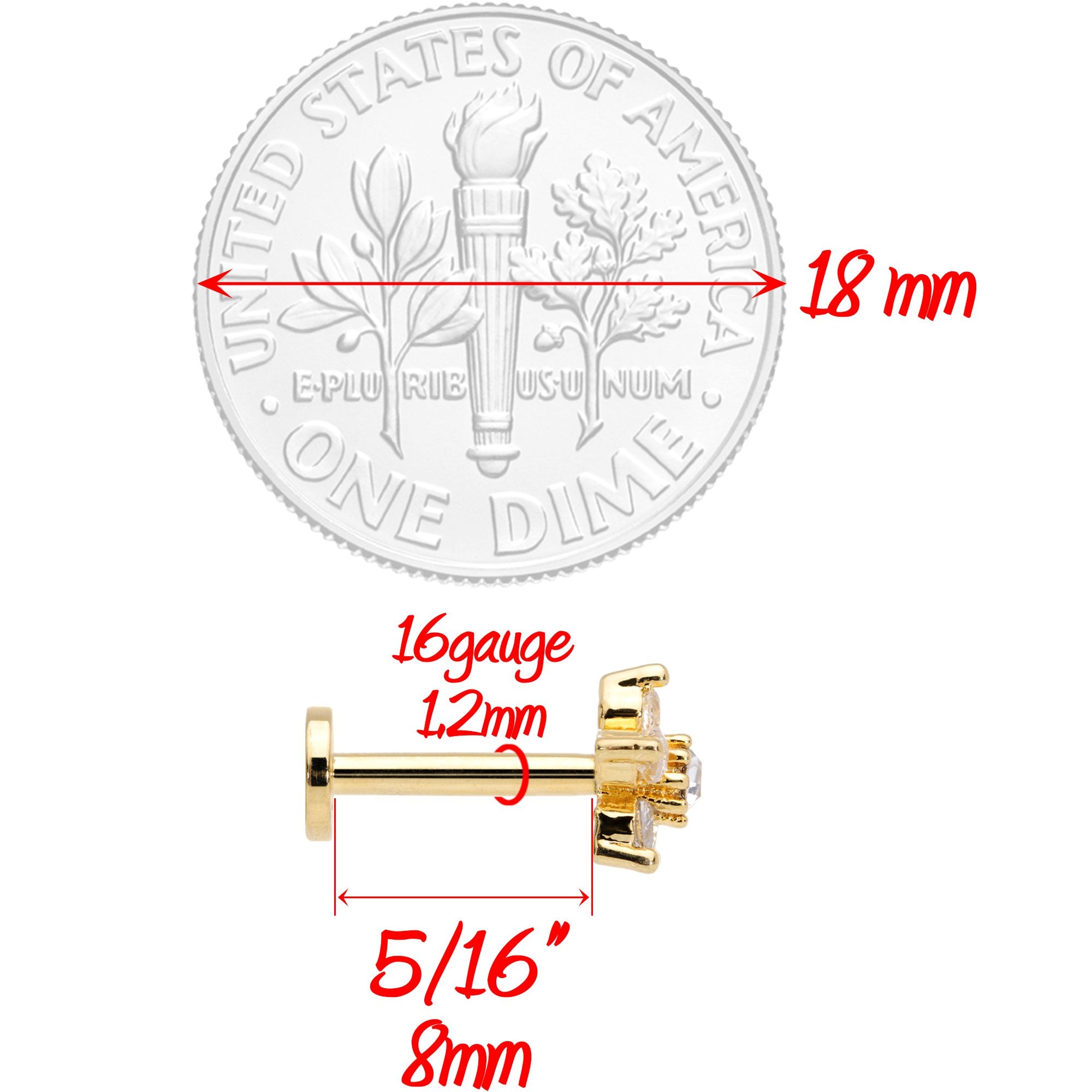 16G 5/16 Clear CZ Star Gold Tone Internally Threaded Labret