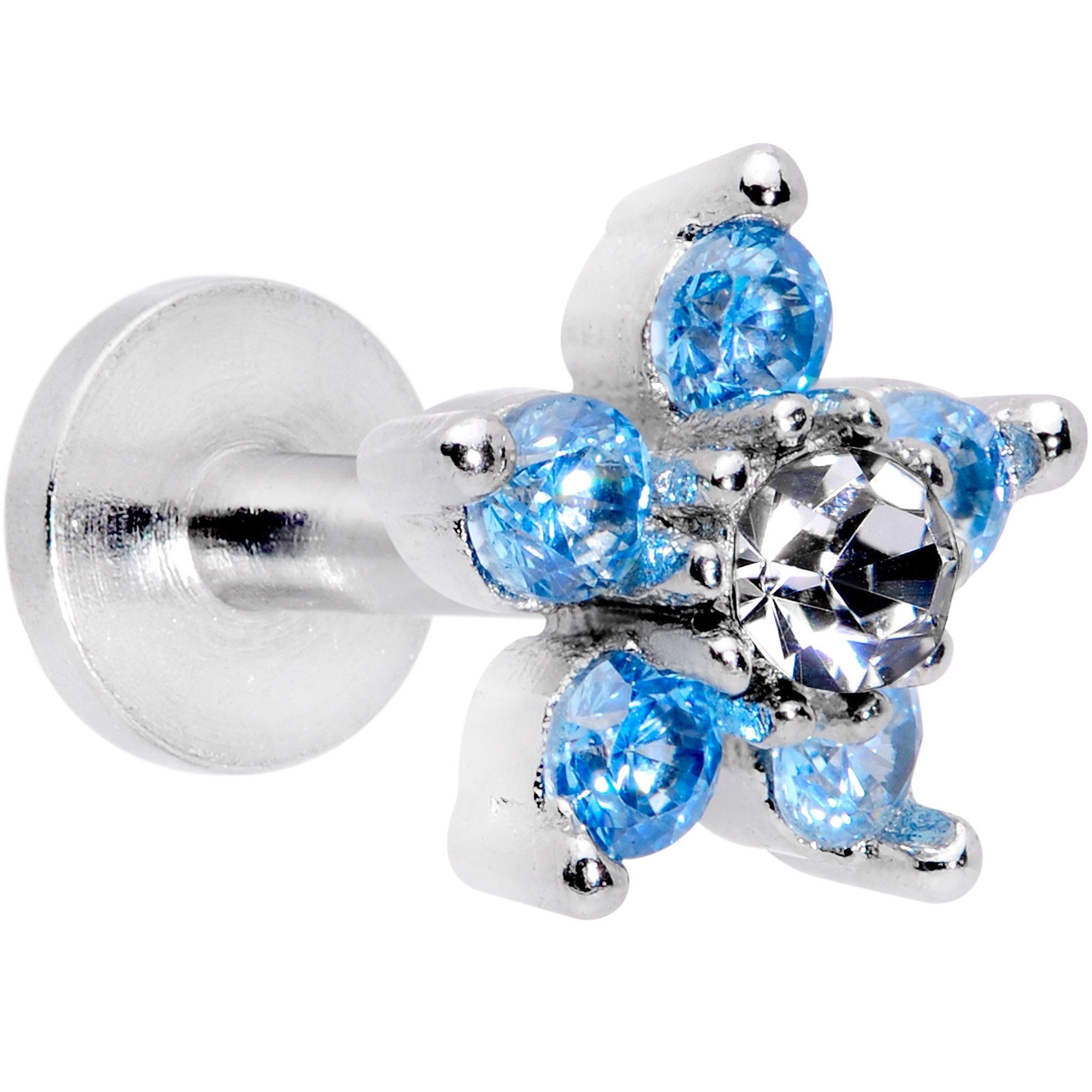 16G 1/4 Clear Blue CZ Gem Star Internally Threaded Labret Tragus