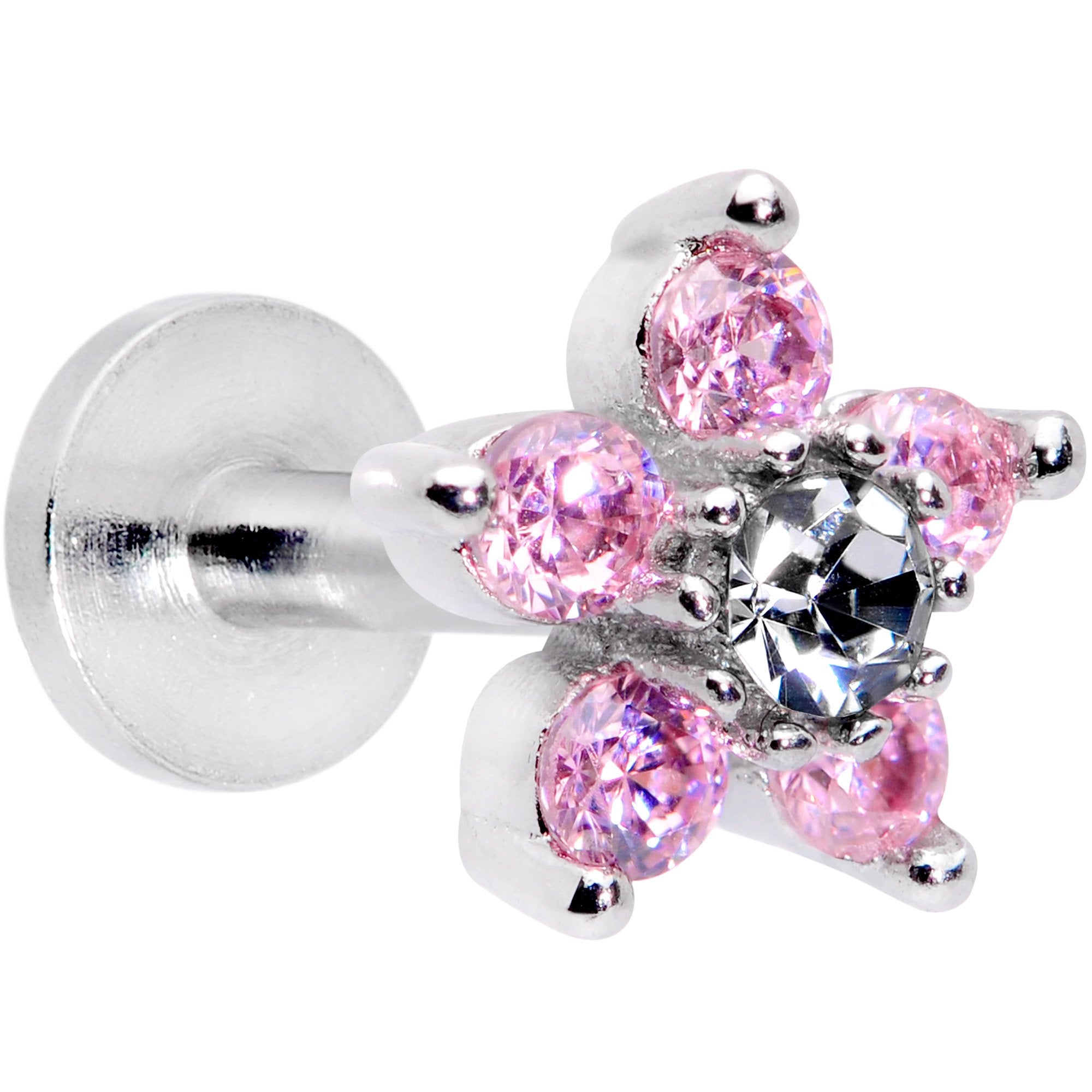 16G 1/4 Clear Pink CZ Gem Star Internally Threaded Labret Tragus