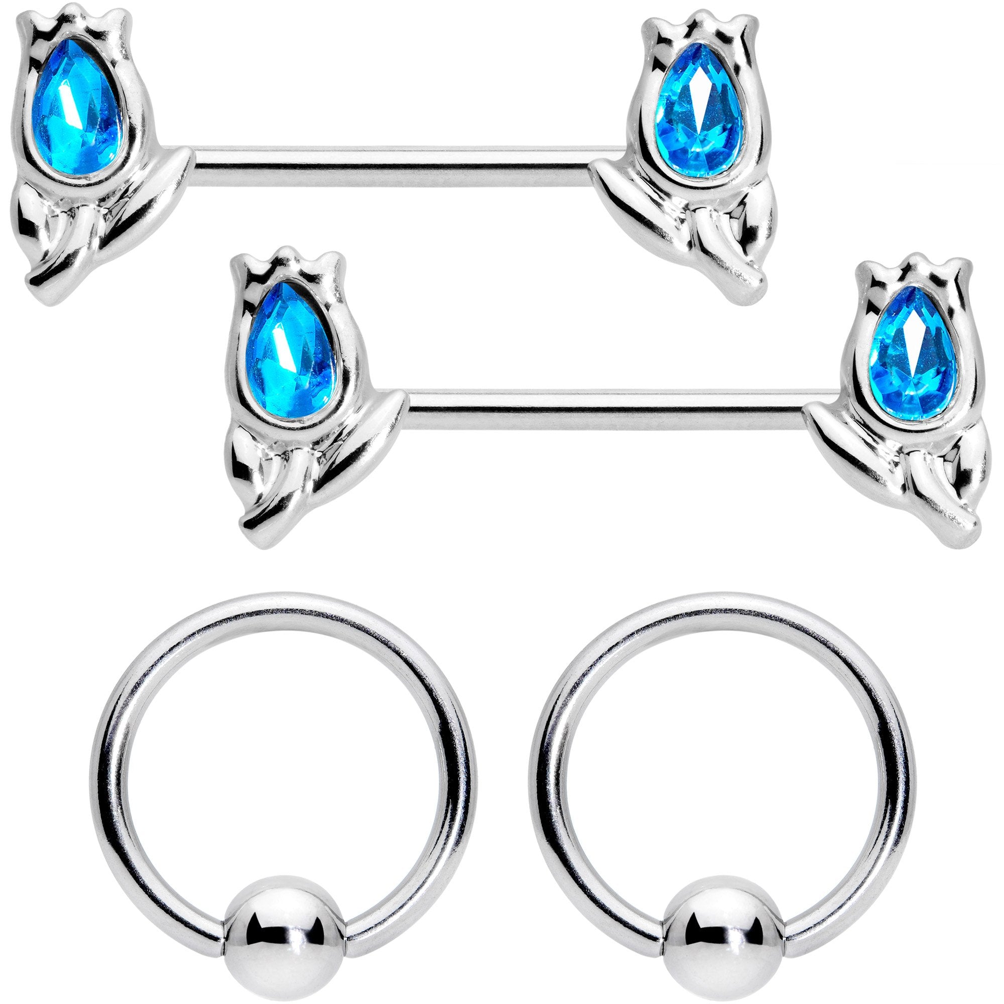 14G 7/16 1/2 Aqua Gem Flowers BCR Barbell Nipple Ring Set of 4