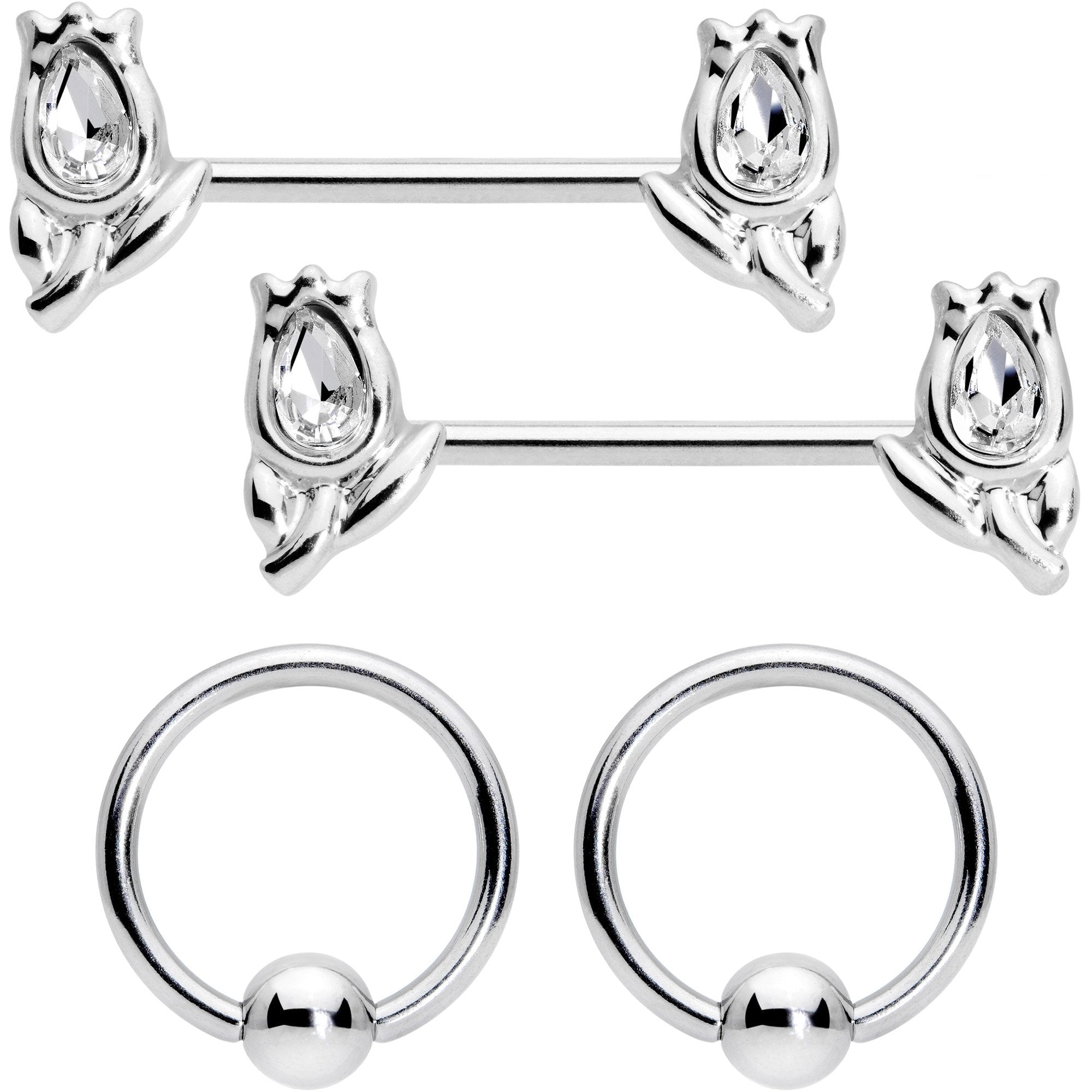 14G 7/16 1/2 Clear Gem Flowers BCR Barbell Nipple Ring Set of 4