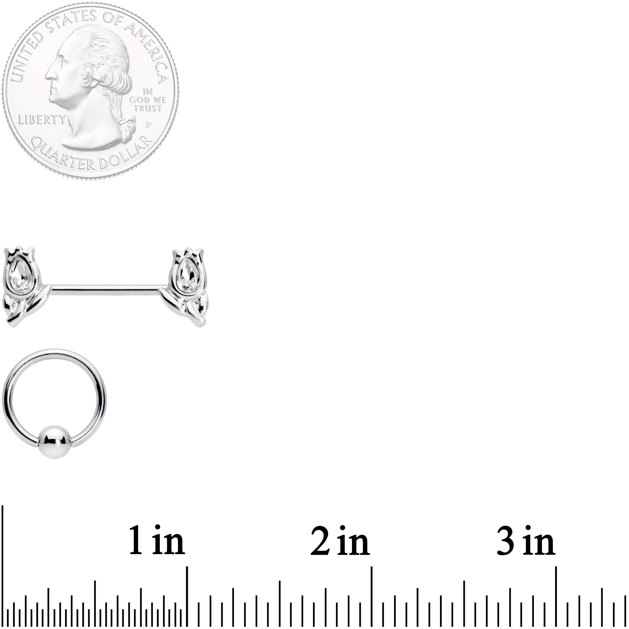 14G 7/16 1/2 Clear Gem Flowers BCR Barbell Nipple Ring Set of 4