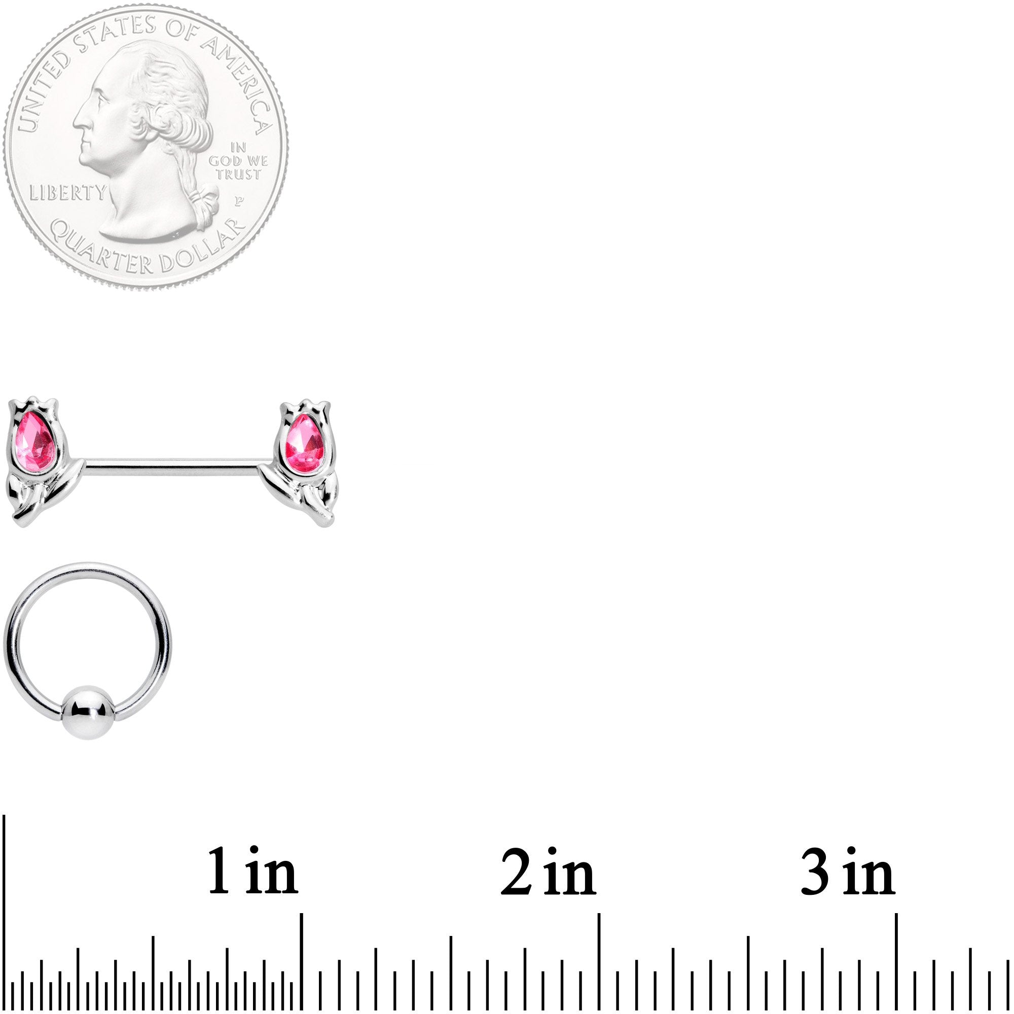 14G 7/16 1/2 Pink Gem Flowers BCR Barbell Nipple Ring Set of 4