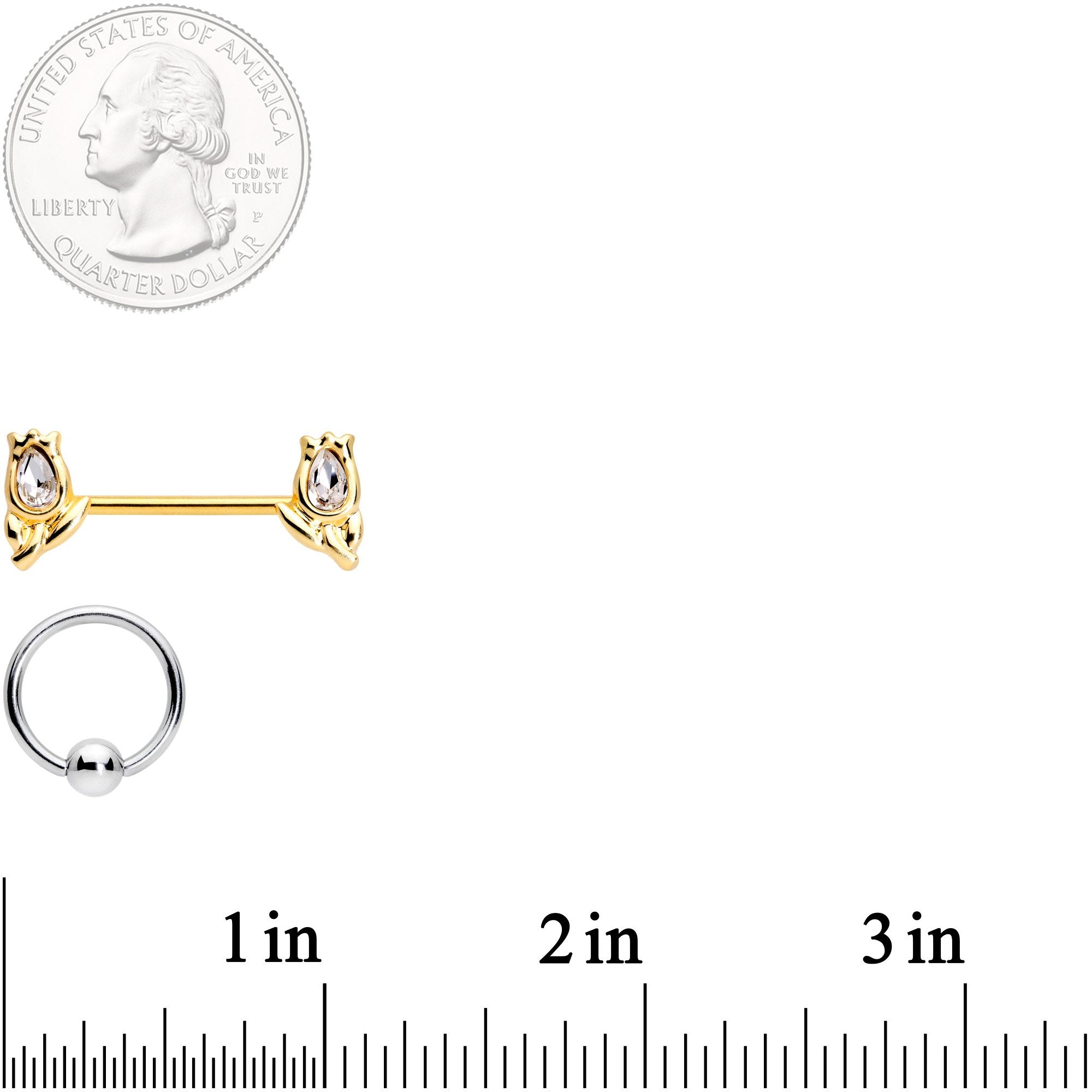 14G Clear Gem Gold Tone Flowers BCR Barbell Nipple Ring Set