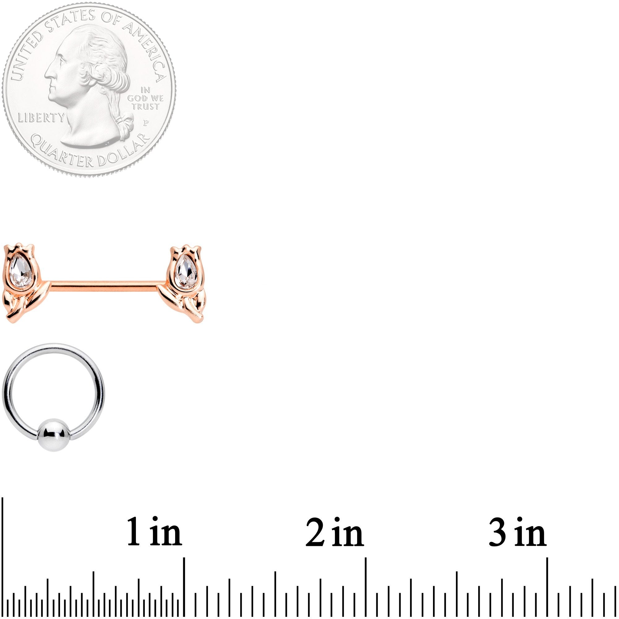 14G Clear Gem Rose Gold Tone Flowers BCR Barbell Nipple Ring Set