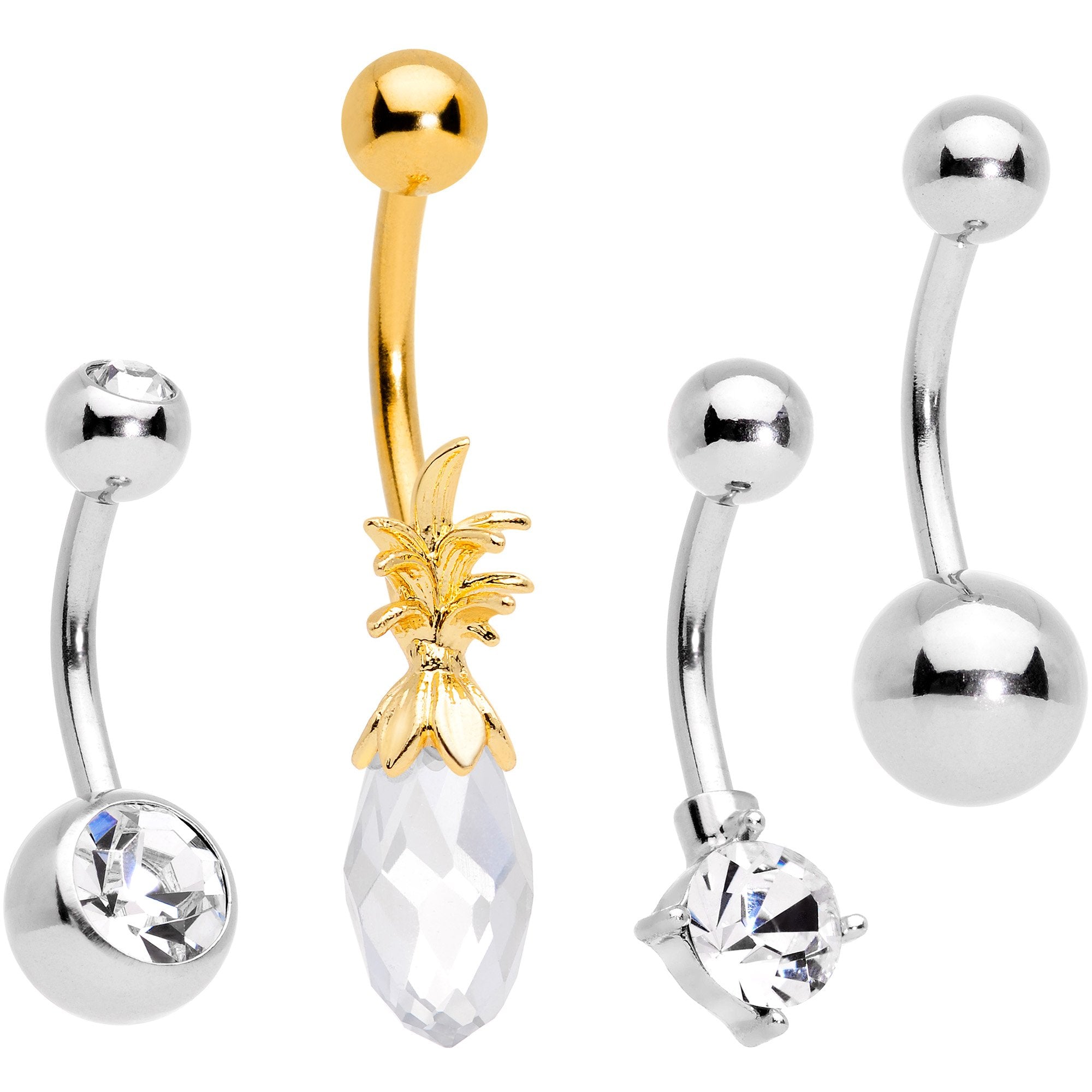 Clear Gem Gold Tone Pineapple Belly Ring Set of 4 Bonus Pack