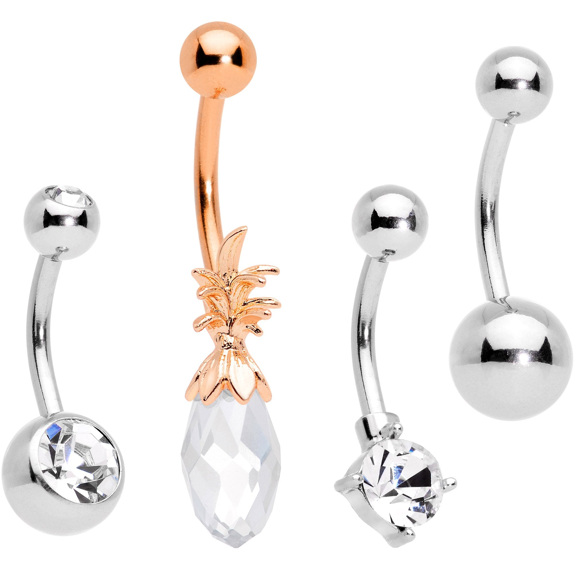 Clear Gem Rose Gold Tone Pineapple Belly Ring Set of 4 Bonus Pack